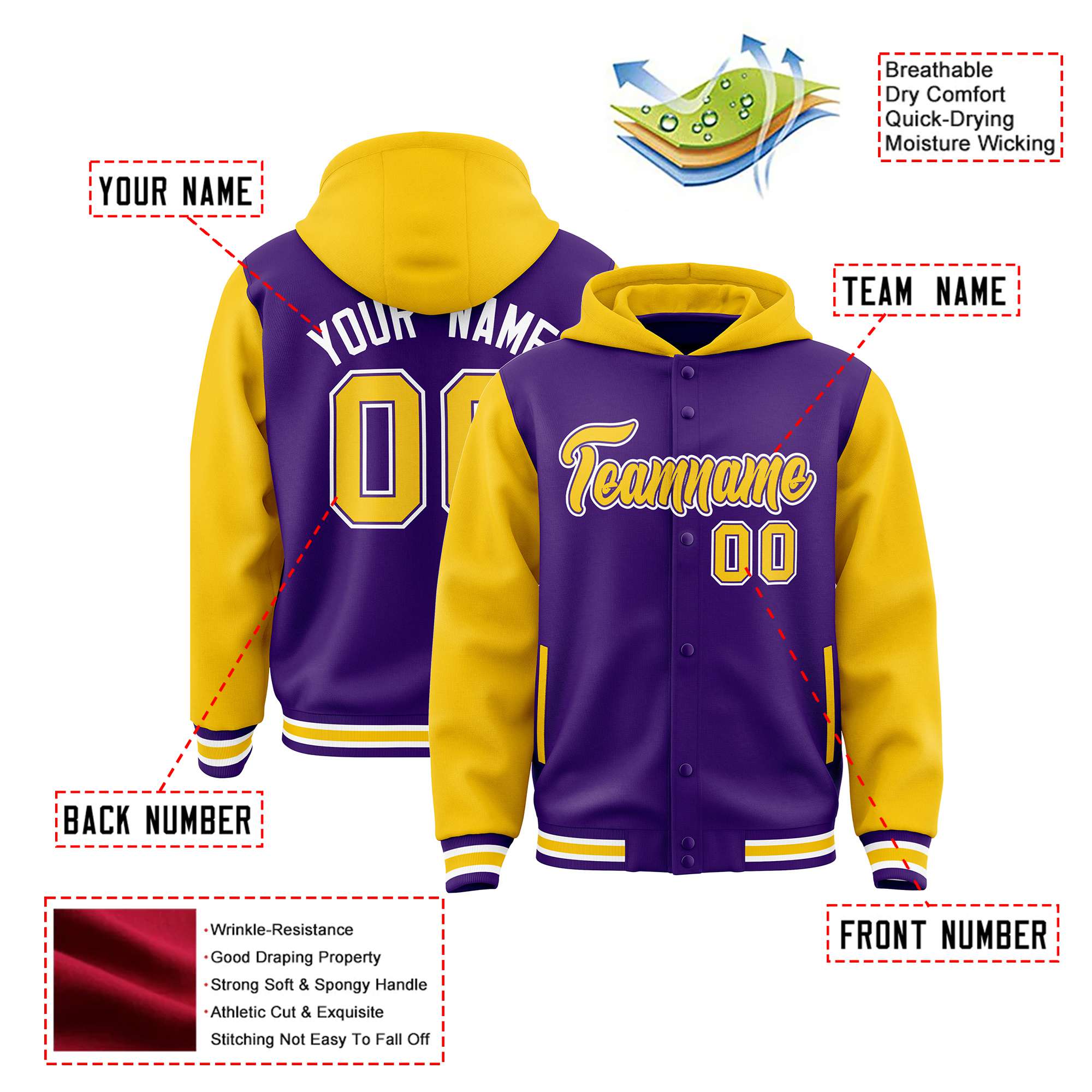 Custom Purple Gold Raglan Sleeves Varsity Full-Snap Letterman Two Tone Hoodie Jacket