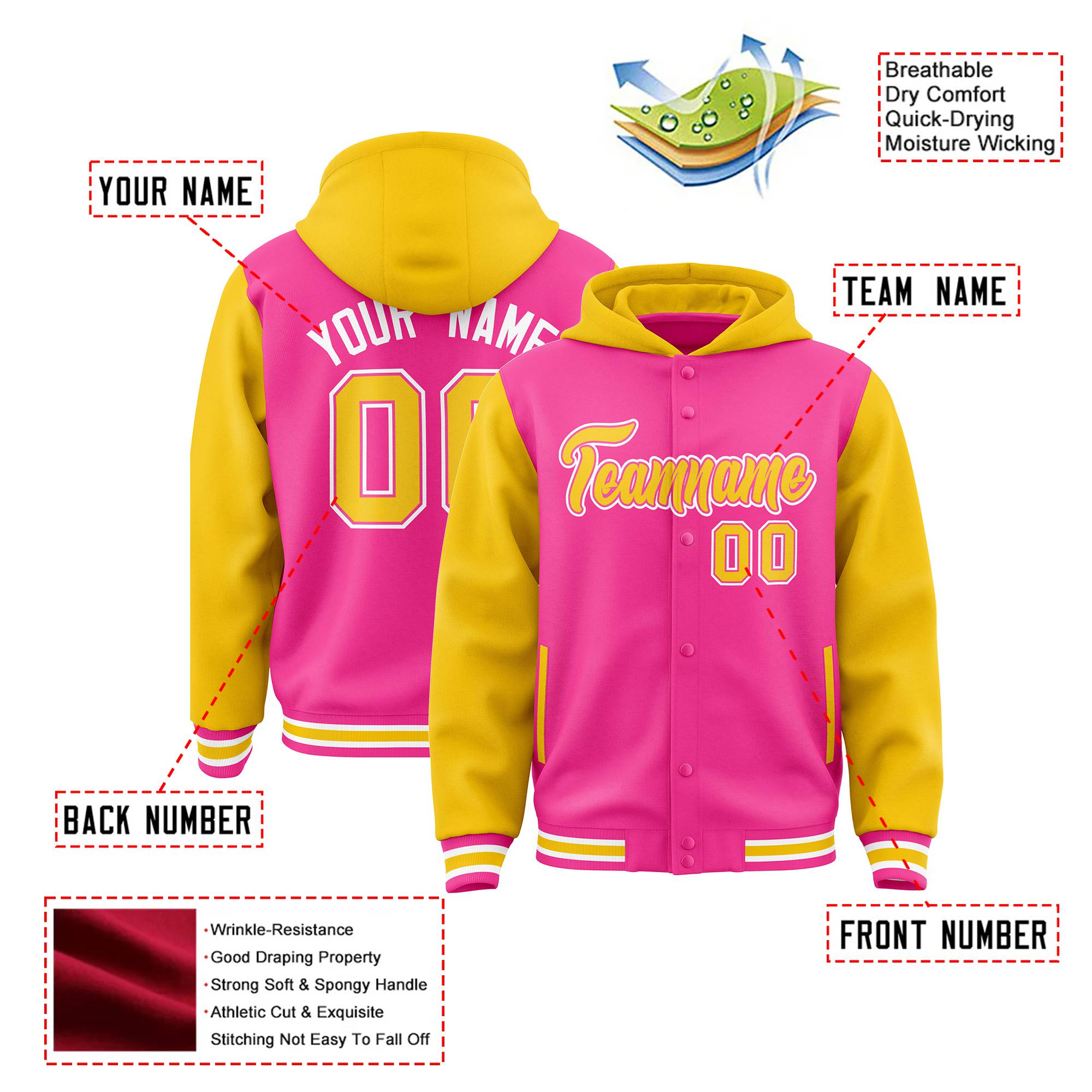 Custom Pink Gold Raglan Sleeves Varsity Full-Snap Letterman Two Tone Hoodie Jacket