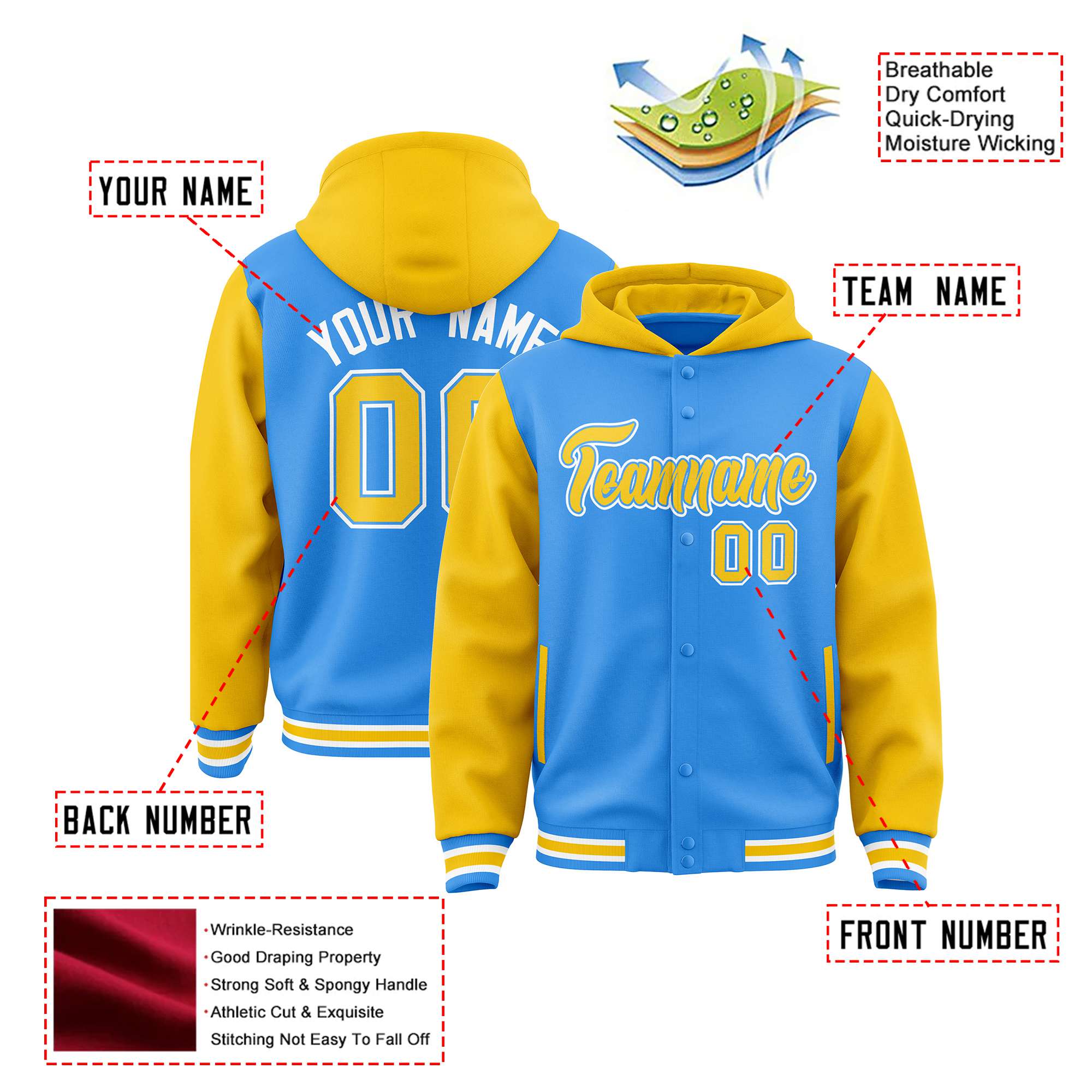 Custom Powder Blue Gold Raglan Sleeves Varsity Full-Snap Letterman Two Tone Hoodie Jacket