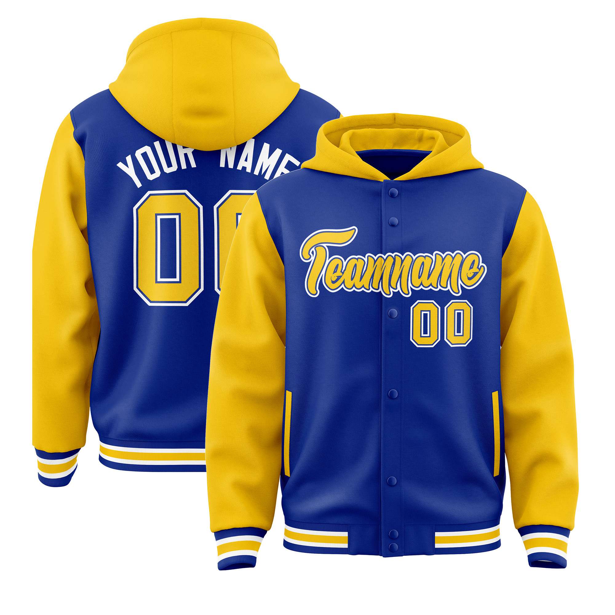 Custom Royal Blue Gold Raglan Sleeves Varsity Full-Snap Letterman Two Tone Hoodie Jacket