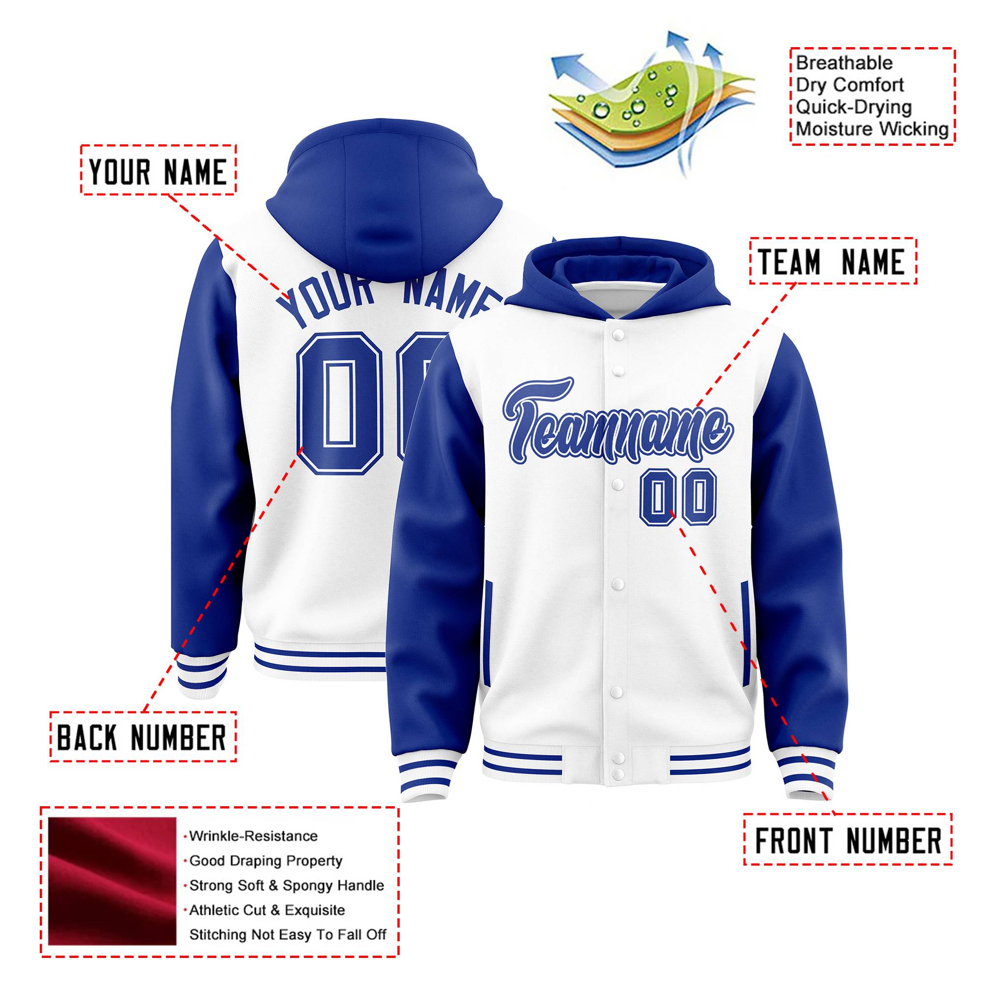 Custom White Royal Blue Raglan Sleeves Varsity Full-Snap Letterman Two Tone Hoodie Jacket