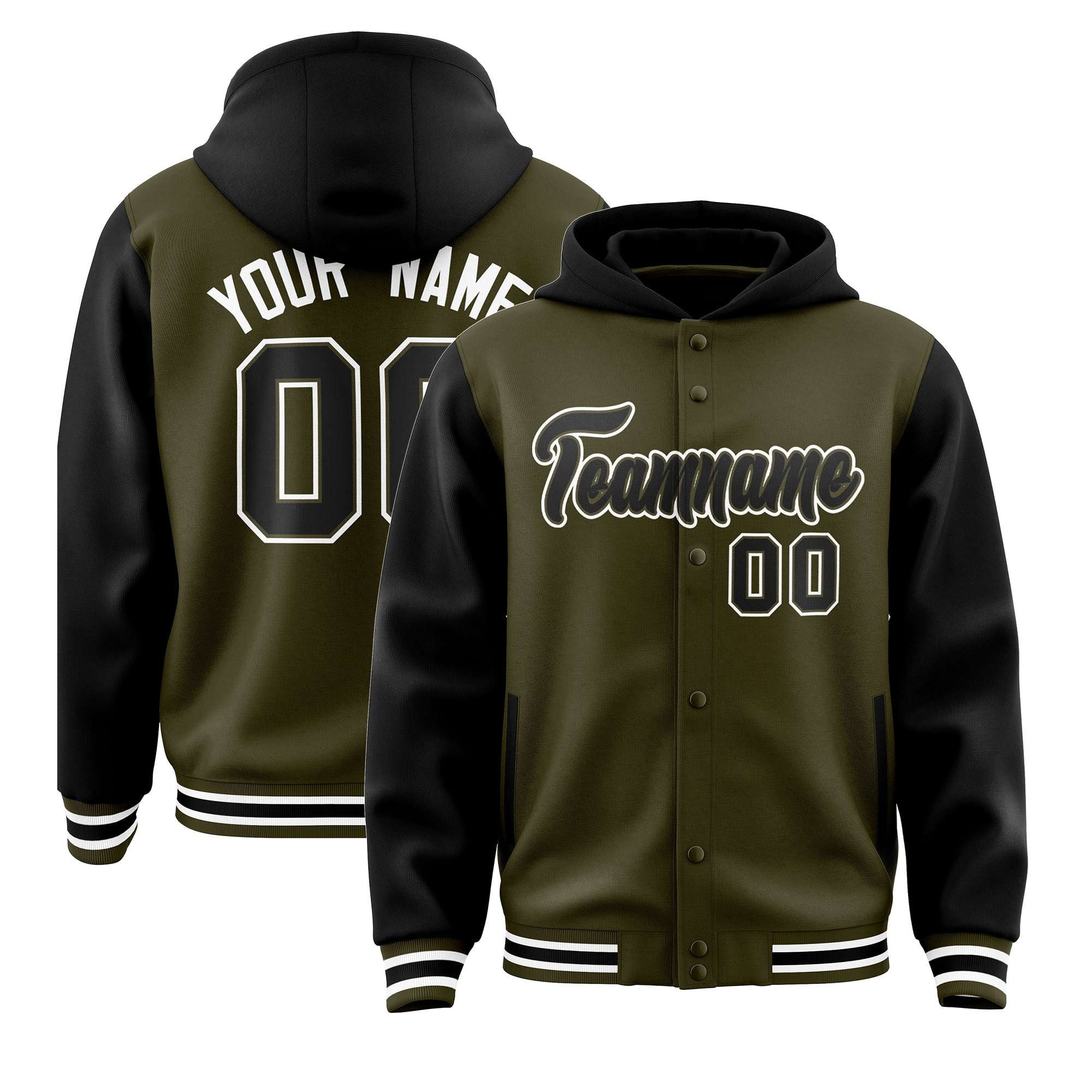 Custom Olive Black Raglan Sleeves Varsity Full-Snap Letterman Two Tone Hoodie Jacket