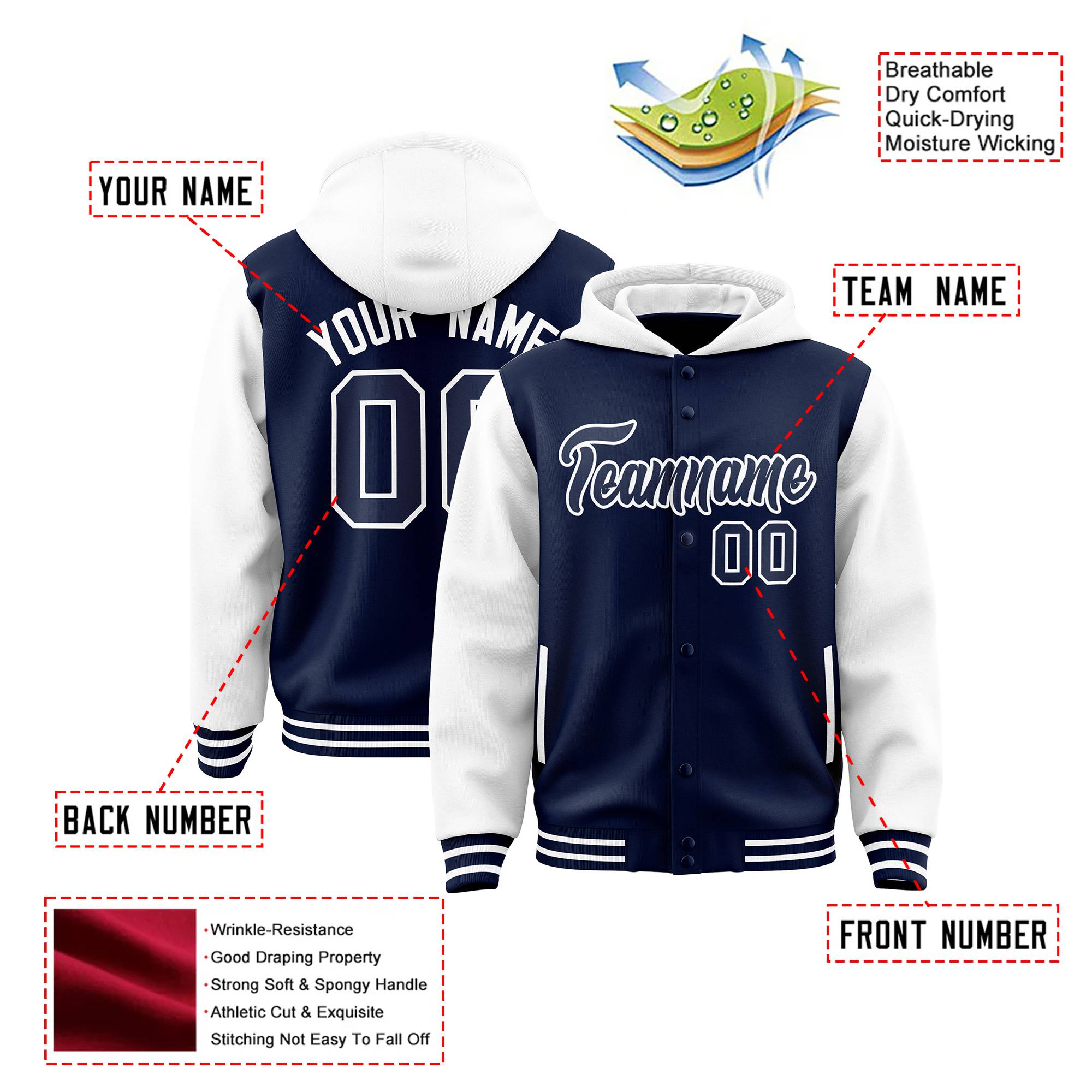 Custom Navy White Raglan Sleeves Varsity Full-Snap Letterman Two Tone Hoodie Jacket