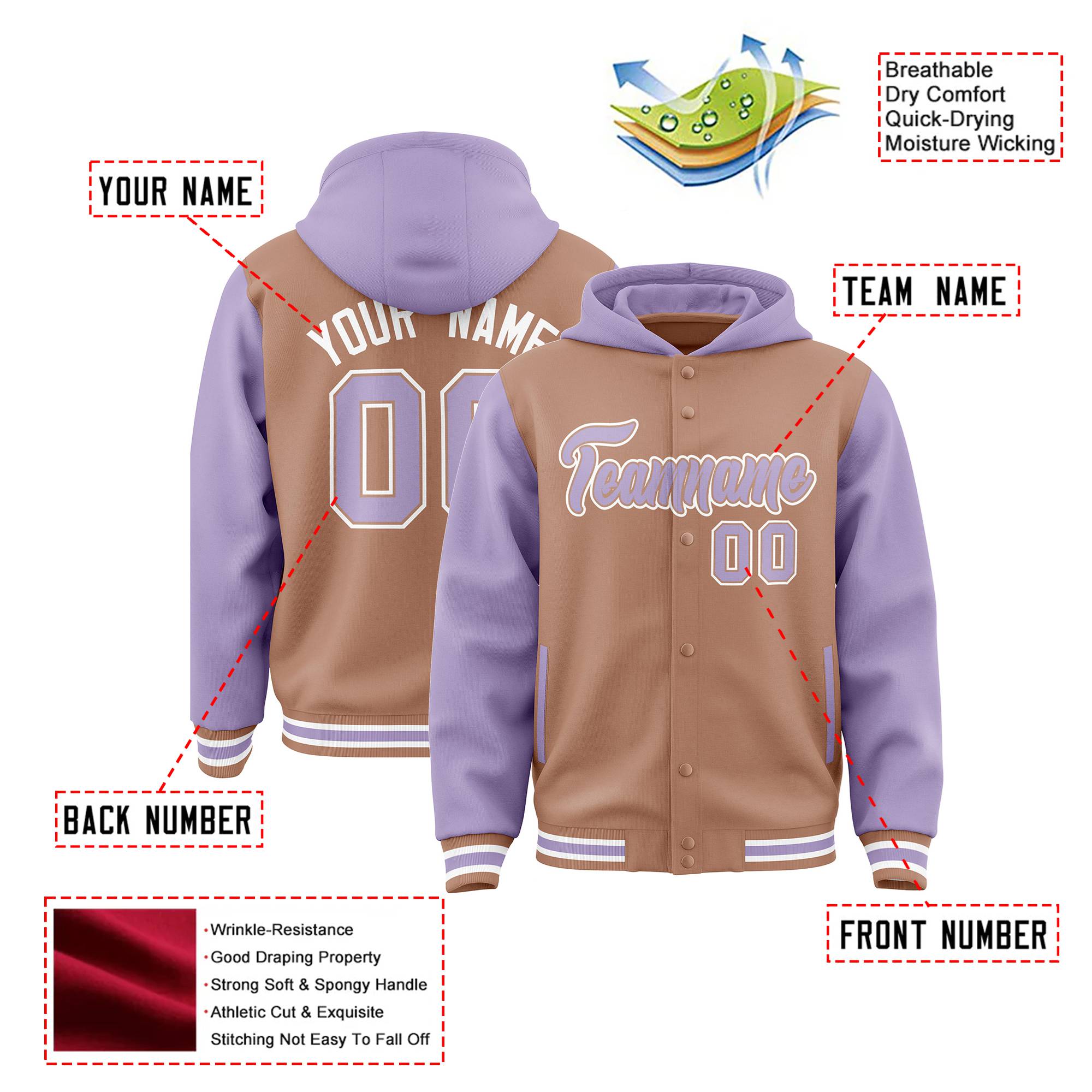 Custom Brown Light Purple Raglan Sleeves Varsity Full-Snap Letterman Two Tone Hoodie Jacket