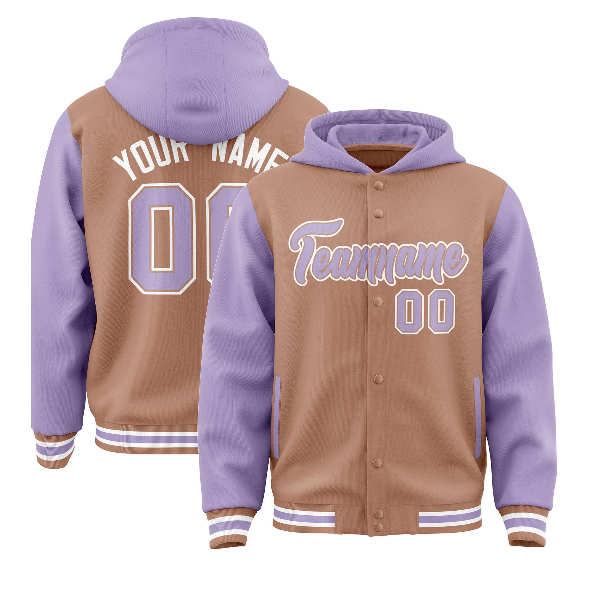 Custom Brown Light Purple Raglan Sleeves Varsity Full-Snap Letterman Two Tone Hoodie Jacket