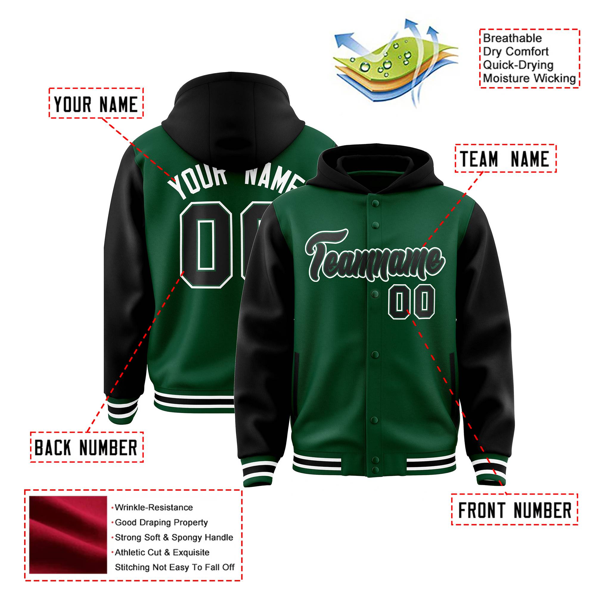 Custom Green Black Raglan Sleeves Varsity Full-Snap Letterman Two Tone Hoodie Jacket