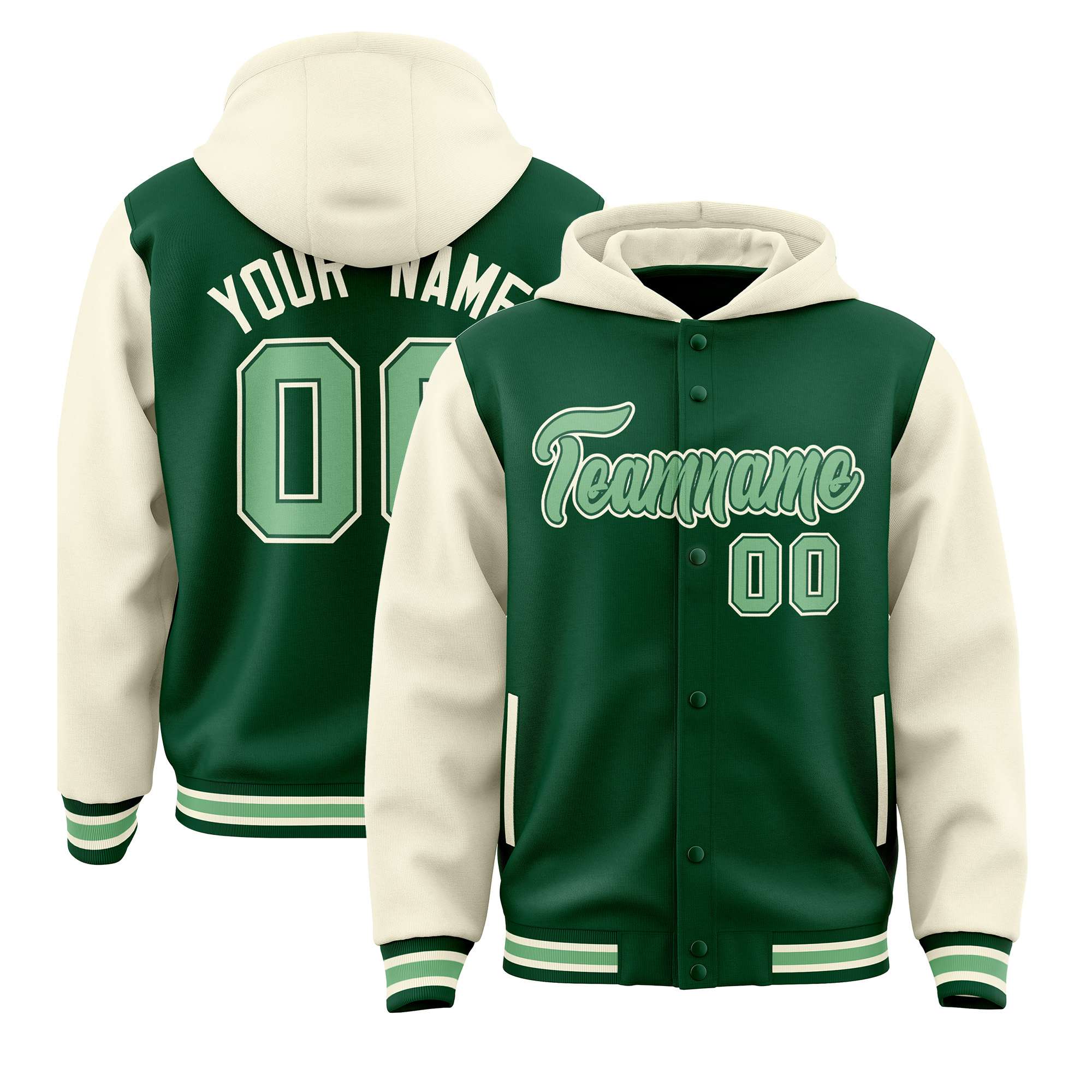 Custom Green Cream Raglan Sleeves Varsity Full-Snap Letterman Two Tone Hoodie Jacket