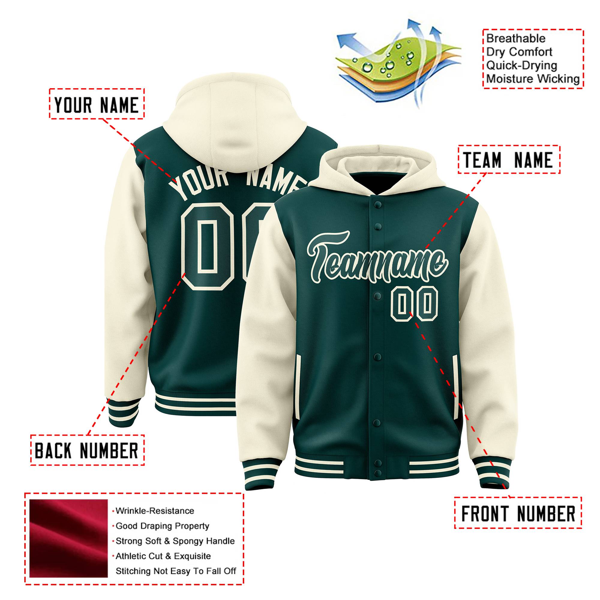 Custom Midnight Green Cream Raglan Sleeves Varsity Full-Snap Letterman Two Tone Hoodie Jacket