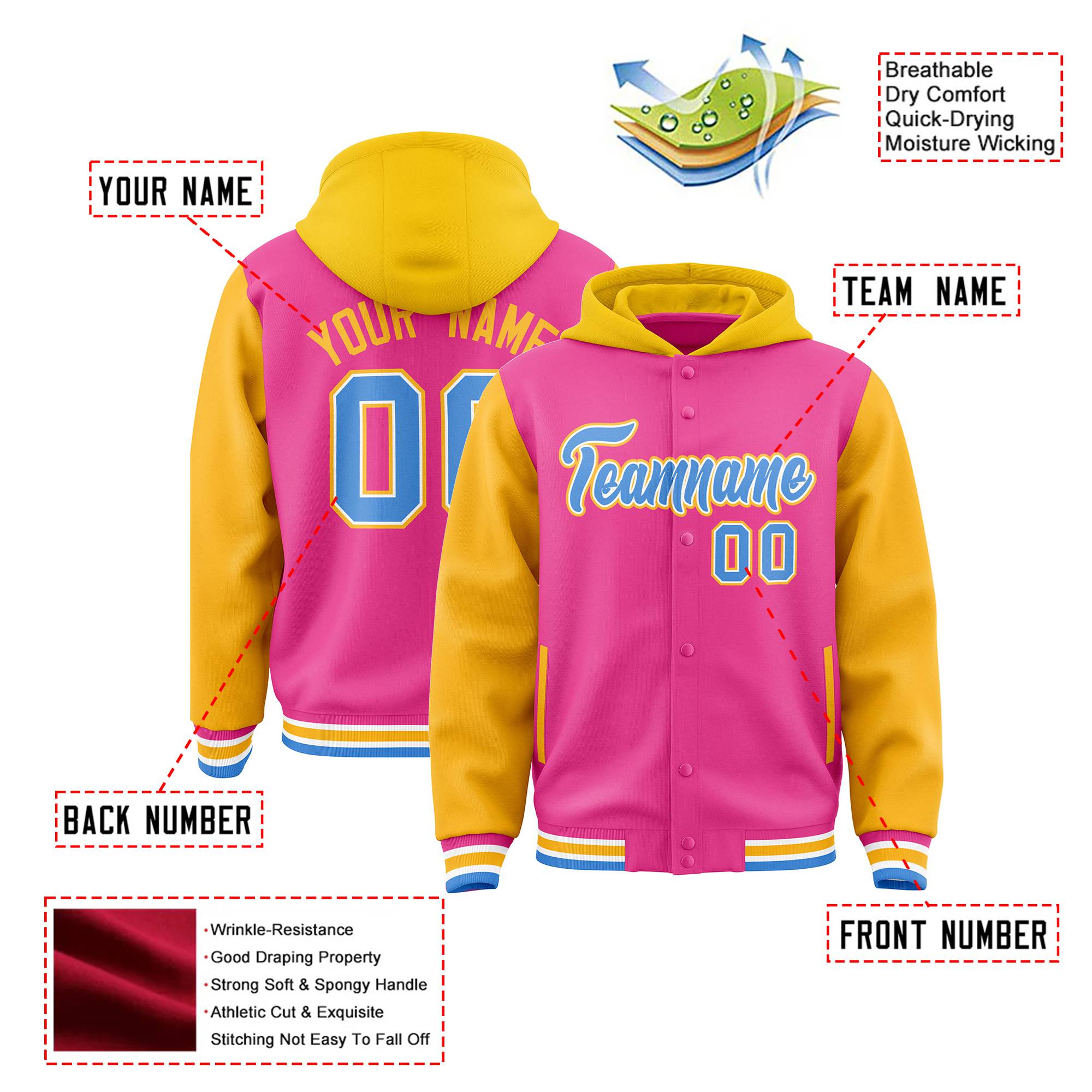 Custom Pink Gold Raglan Sleeves Varsity Full-Snap Letterman Two Tone Hoodie Jacket