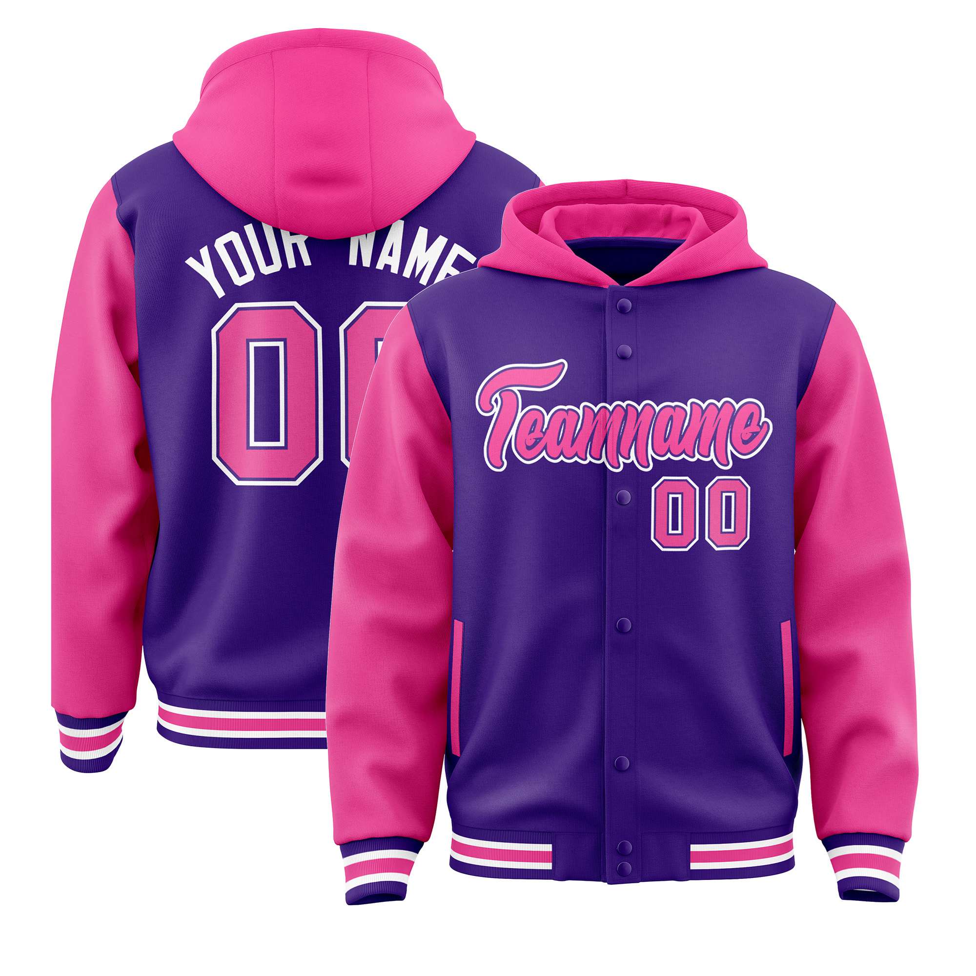 Custom Purple Pink Raglan Sleeves Varsity Full-Snap Letterman Two Tone Hoodie Jacket