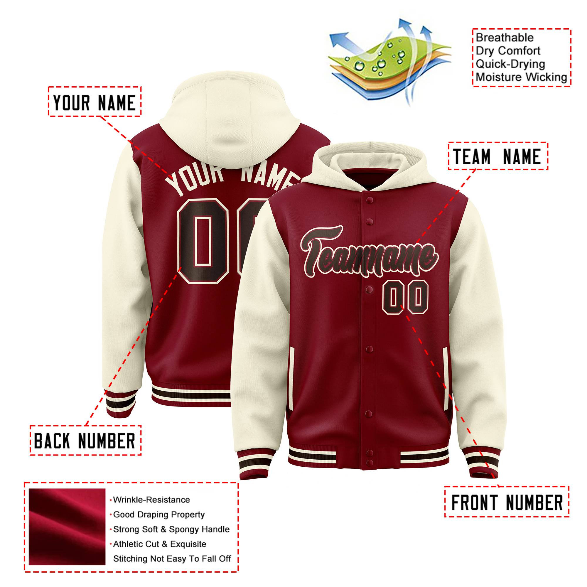 Custom Crimson Cream Raglan Sleeves Varsity Full-Snap Letterman Two Tone Hoodie Jacket