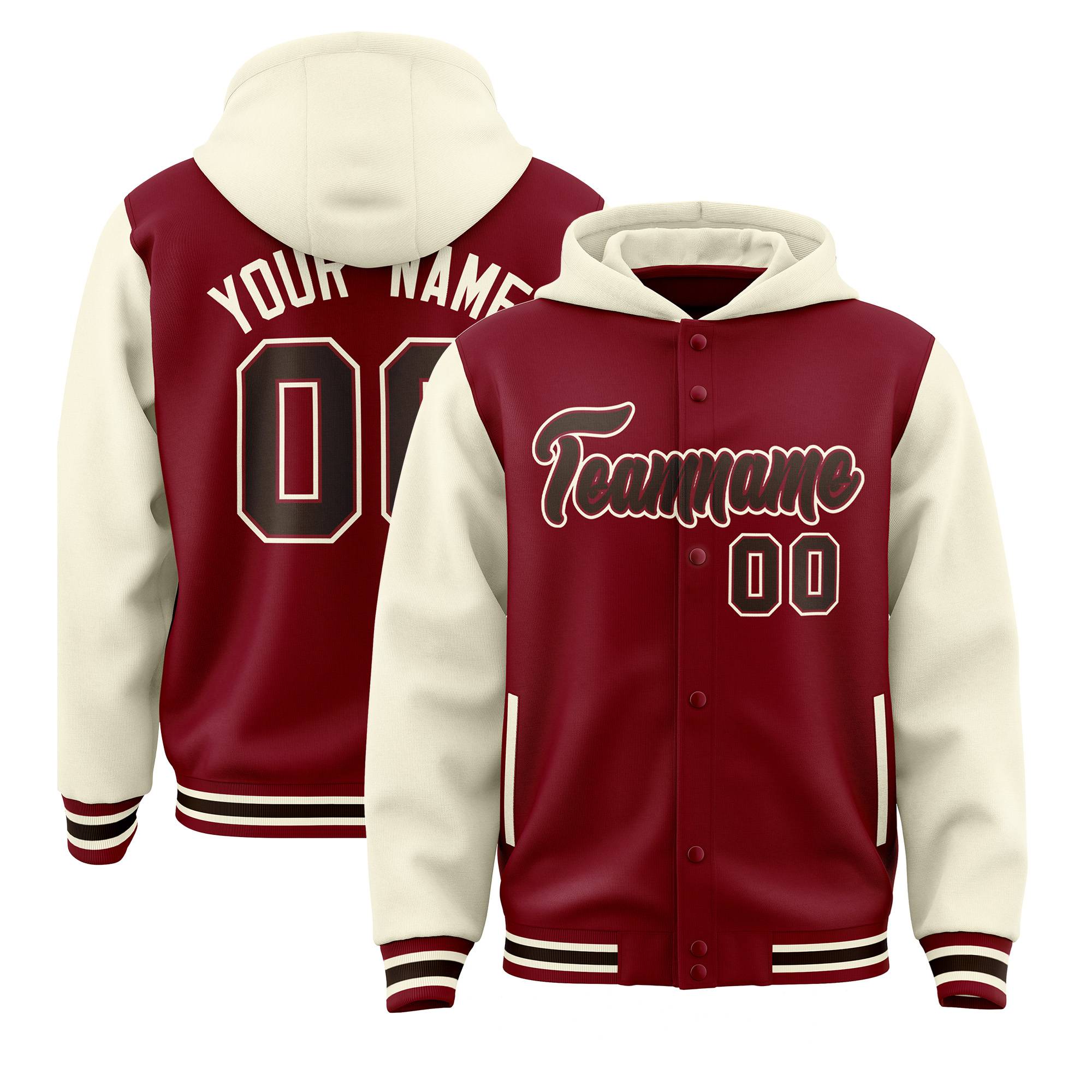 Custom Crimson Cream Raglan Sleeves Varsity Full-Snap Letterman Two Tone Hoodie Jacket