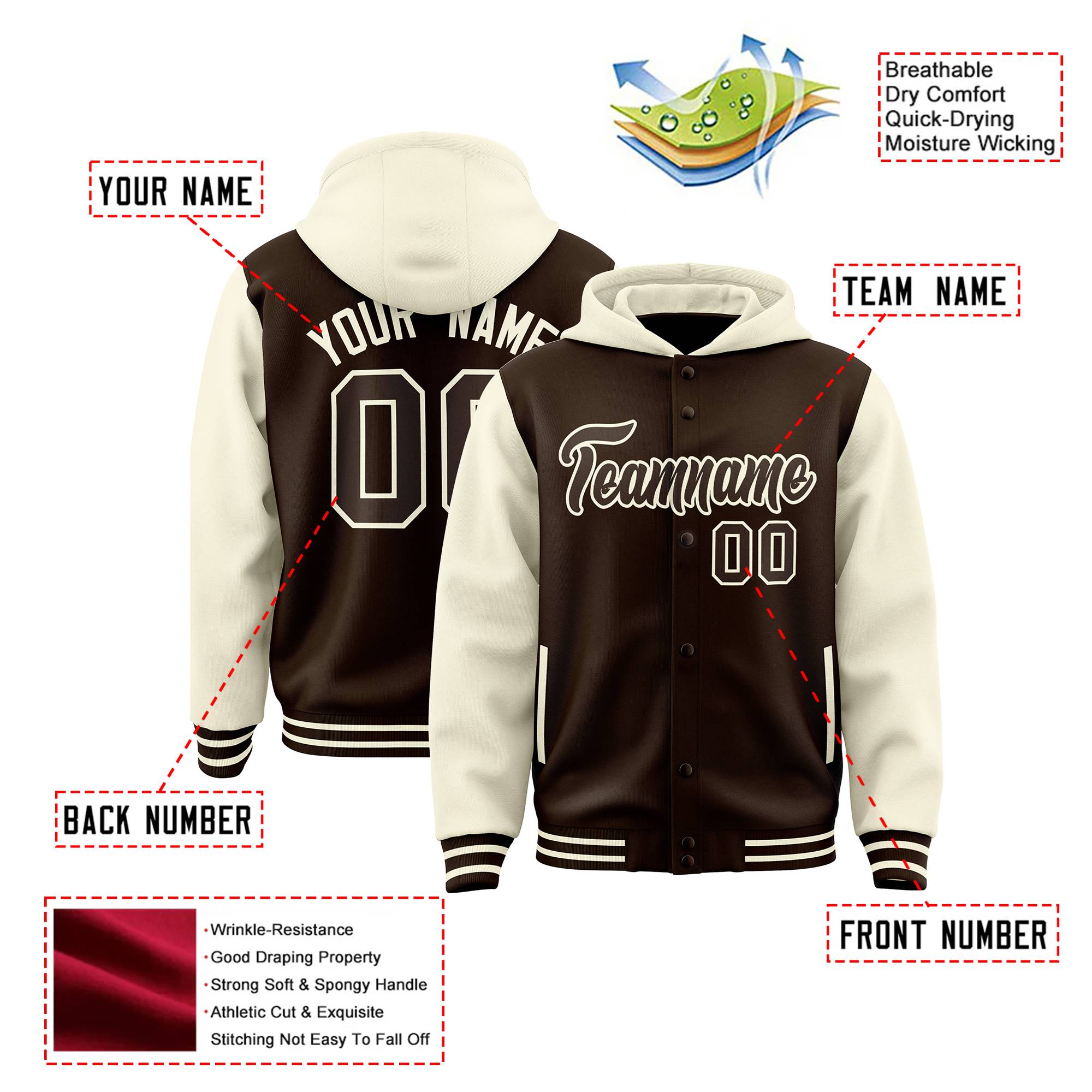 Custom Brown Cream Raglan Sleeves Varsity Full-Snap Letterman Two Tone Hoodie Jacket