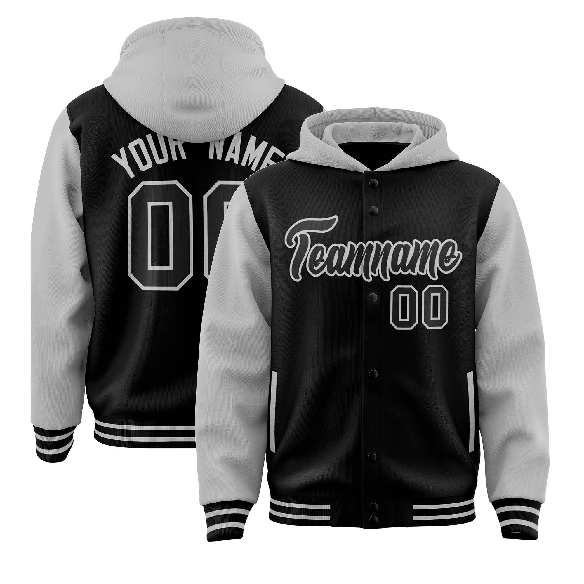 Custom Black Gray Raglan Sleeves Varsity Full-Snap Letterman Two Tone Hoodie Jacket