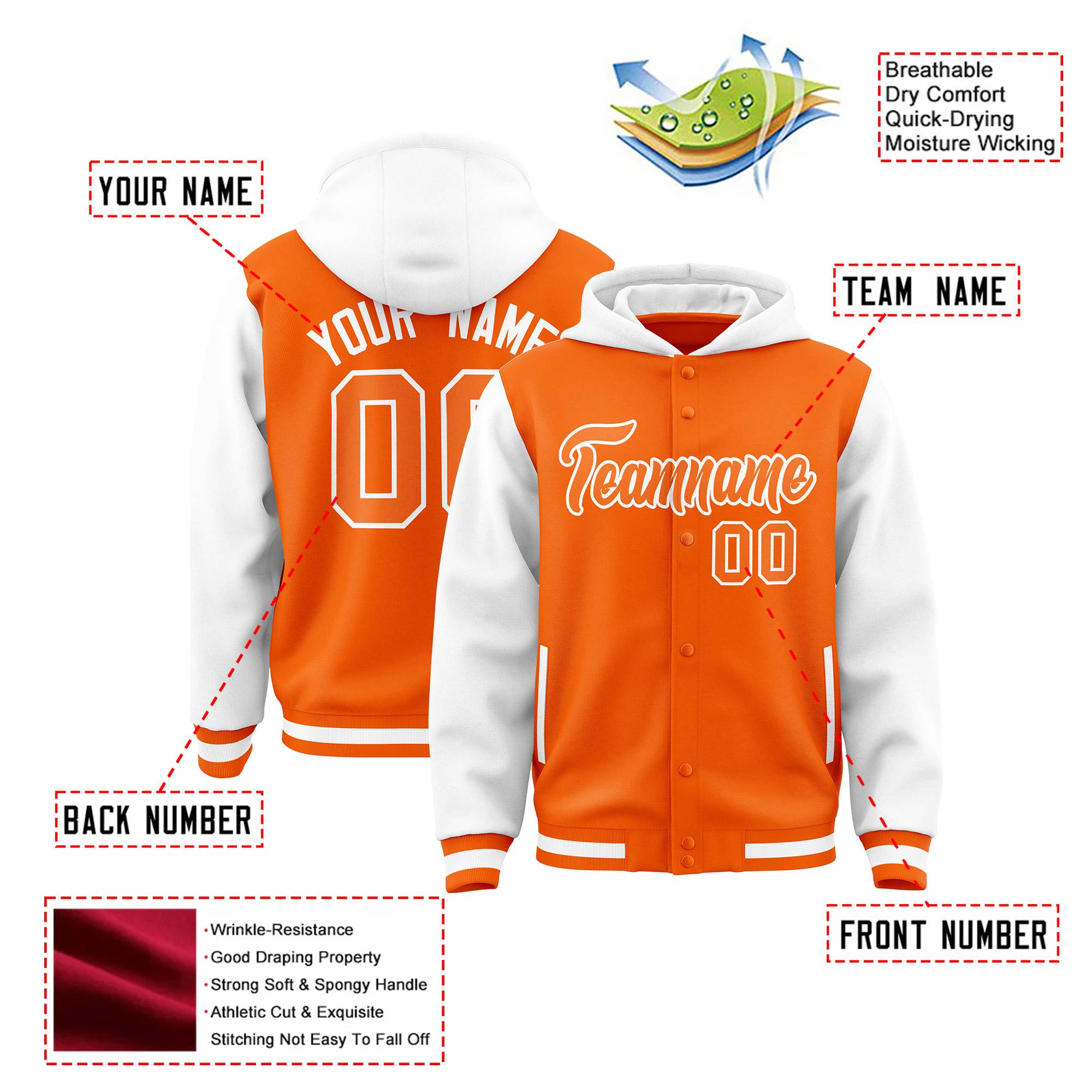 Custom Orange White Raglan Sleeves Varsity Full-Snap Letterman Two Tone Hoodie Jacket