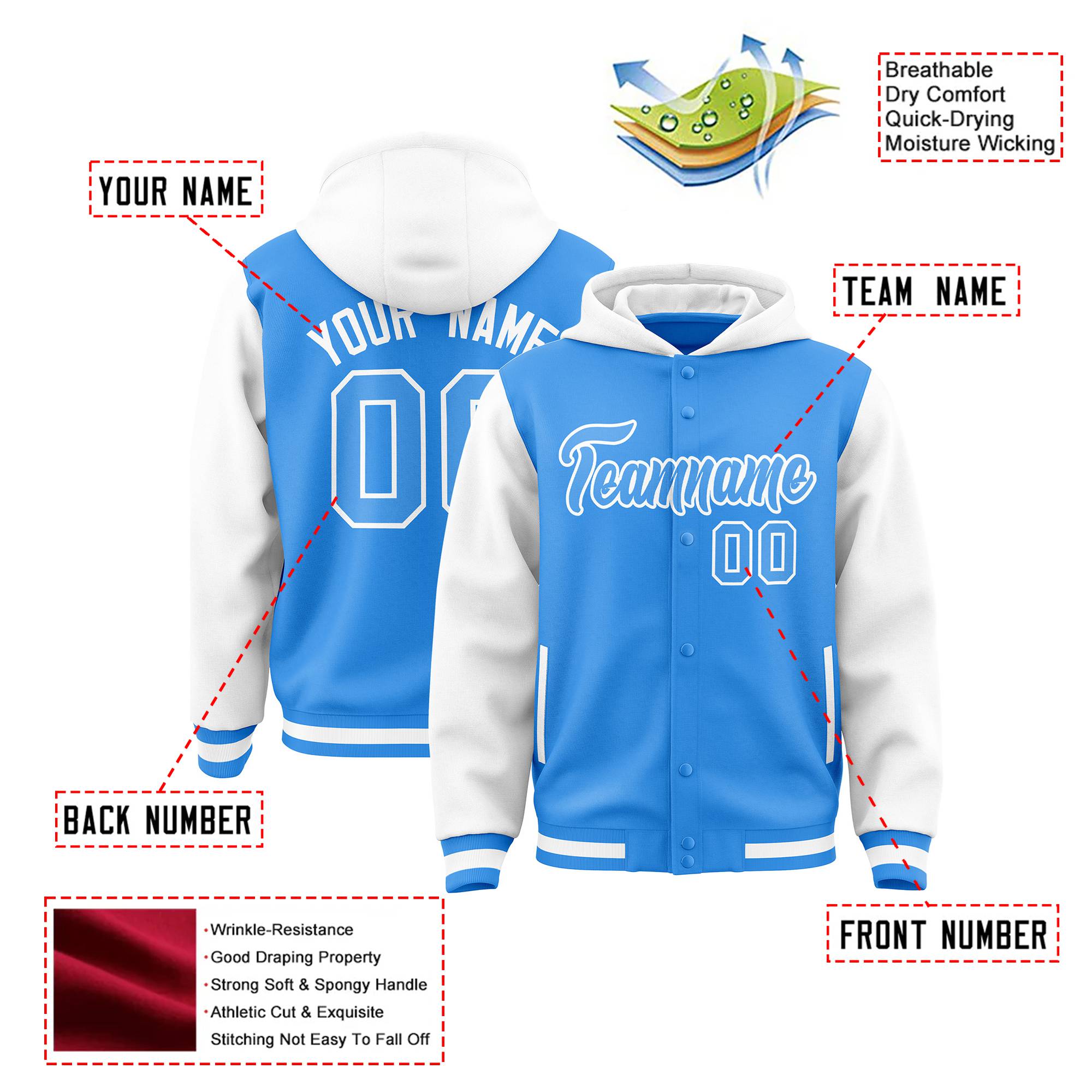 Custom Powder Blue White Raglan Sleeves Varsity Full-Snap Letterman Two Tone Hoodie Jacket