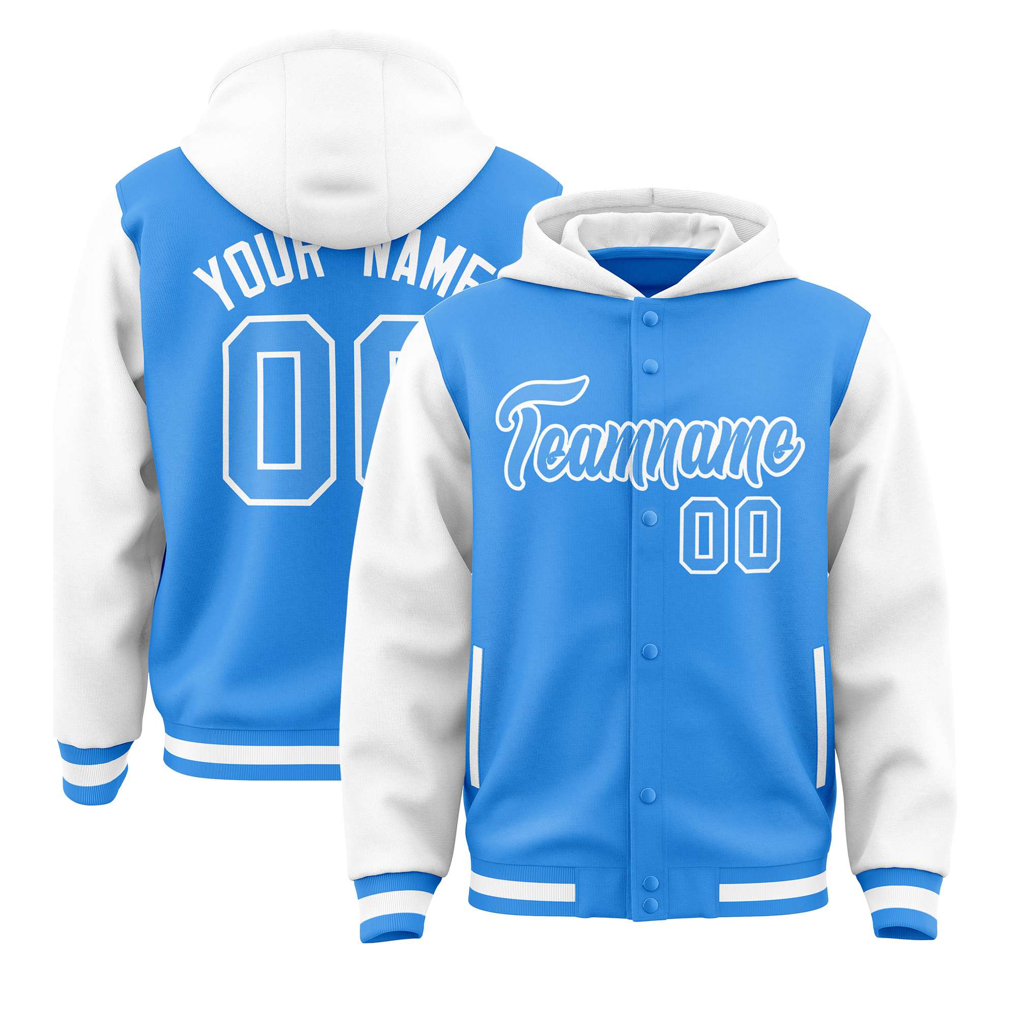 Custom Powder Blue White Raglan Sleeves Varsity Full-Snap Letterman Two Tone Hoodie Jacket