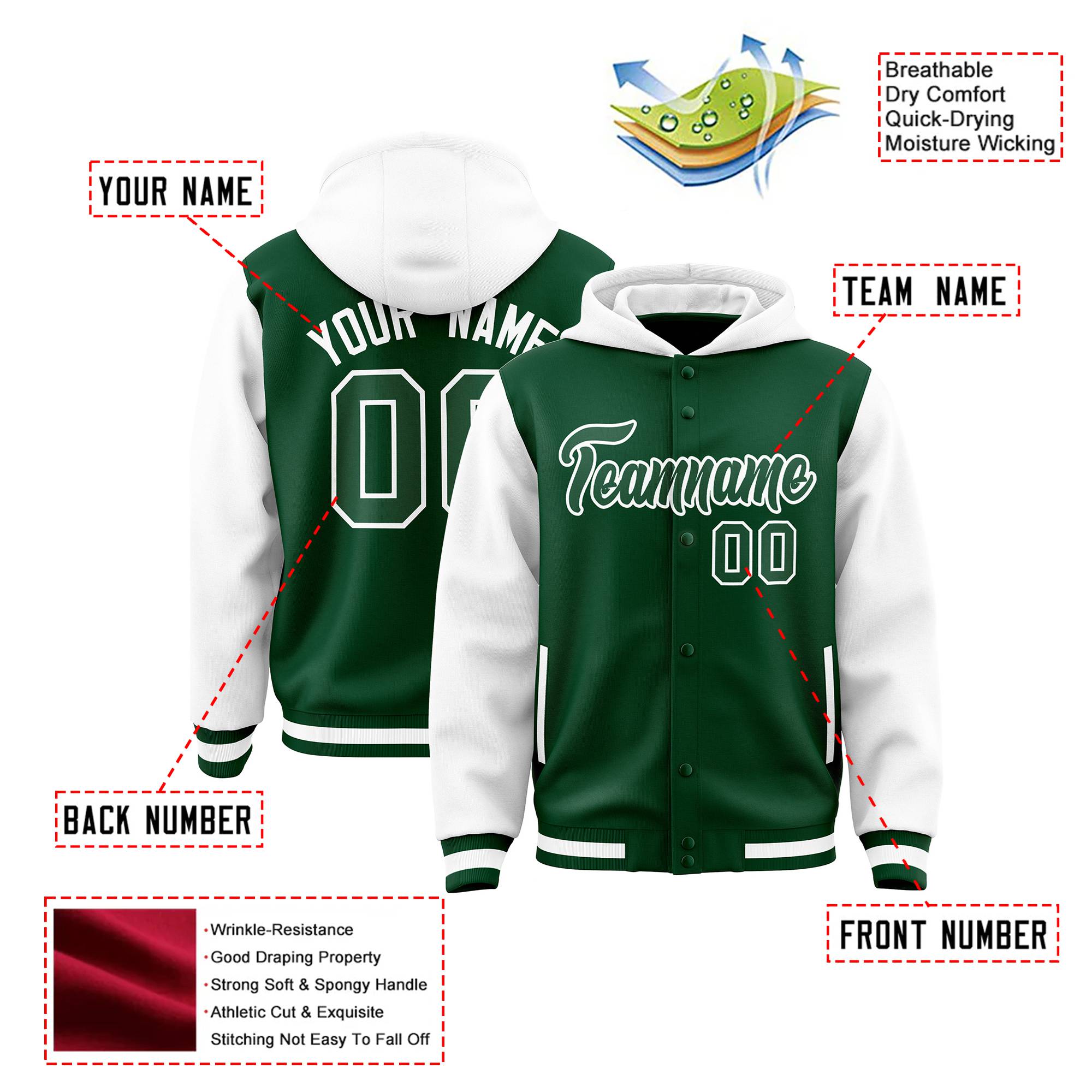 Custom Green White Raglan Sleeves Varsity Full-Snap Letterman Two Tone Hoodie Jacket