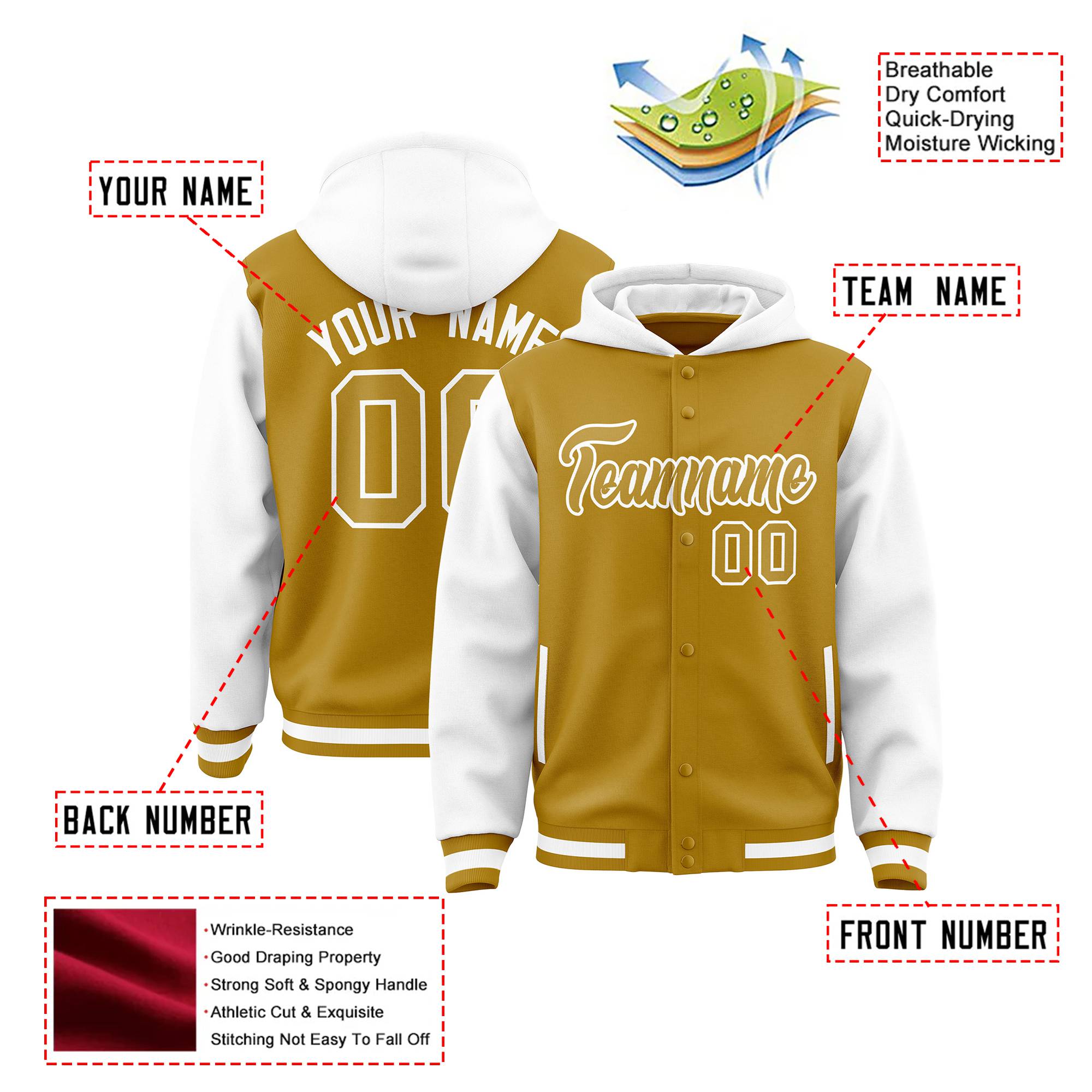 Custom Old Gold White Raglan Sleeves Varsity Full-Snap Letterman Two Tone Hoodie Jacket