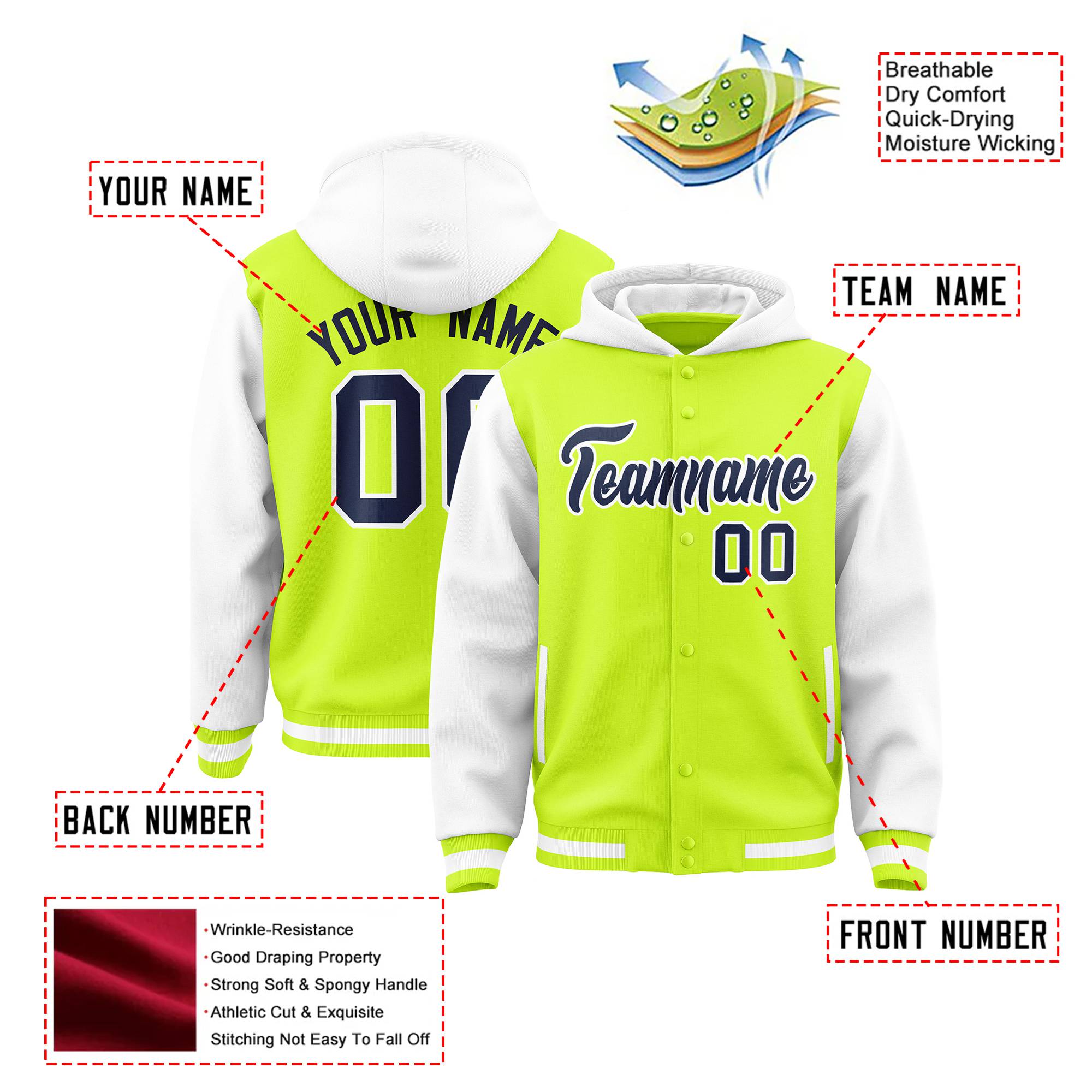 Custom Fluorescent Green White Raglan Sleeves Varsity Full-Snap Letterman Two Tone Hoodie Jacket