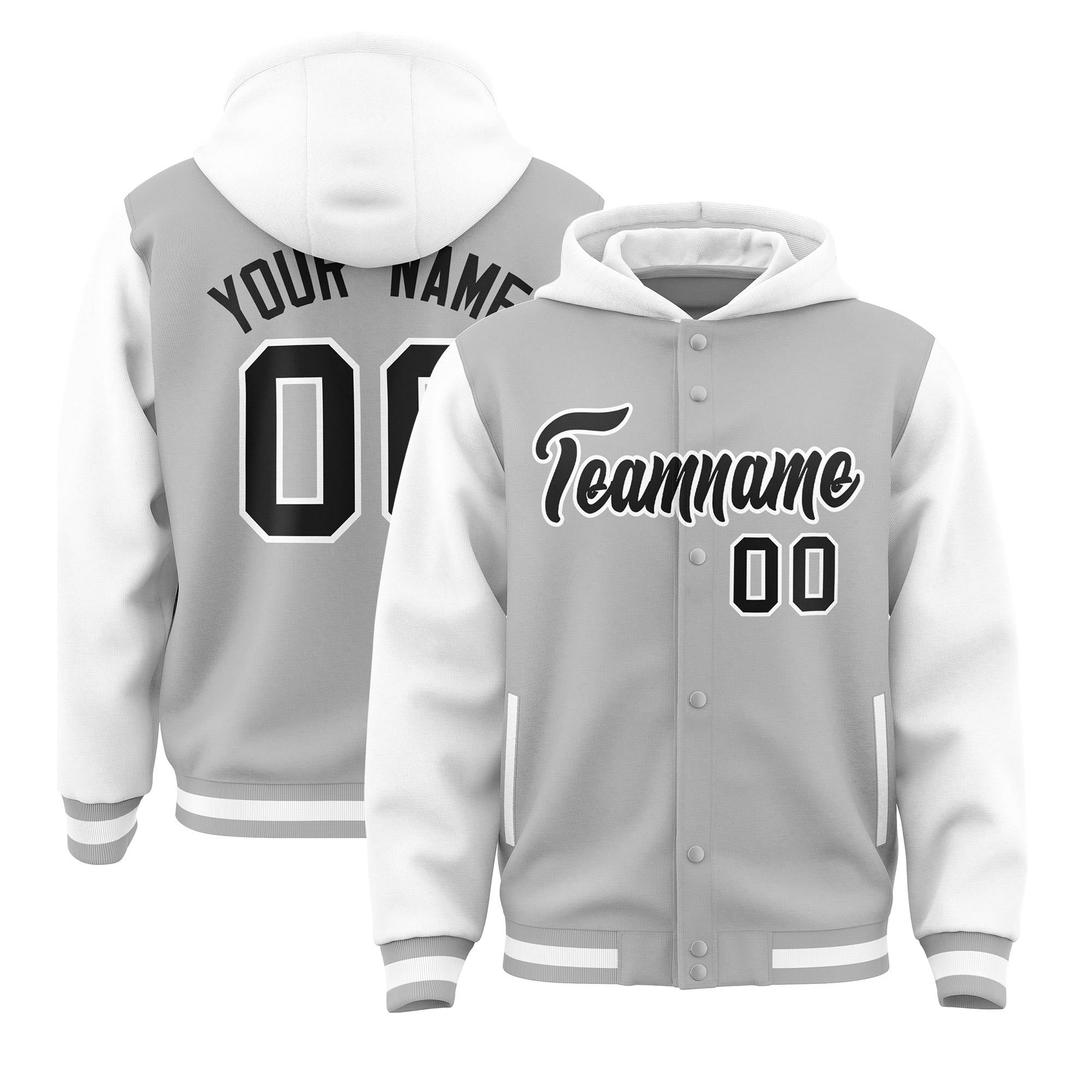 Custom Gray White Raglan Sleeves Varsity Full-Snap Letterman Two Tone Hoodie Jacket