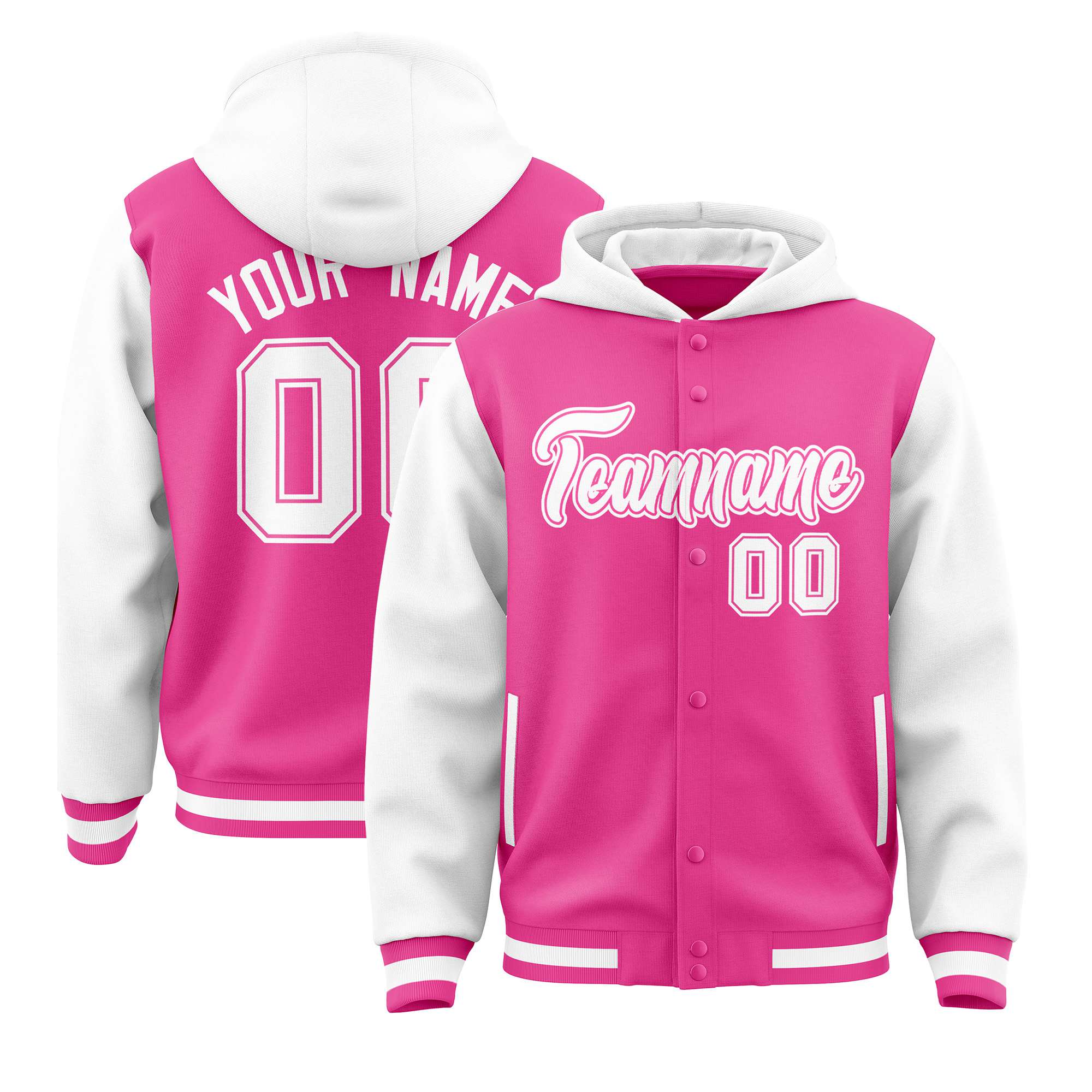 Custom Pink White Raglan Sleeves Varsity Full-Snap Letterman Two Tone Hoodie Jacket