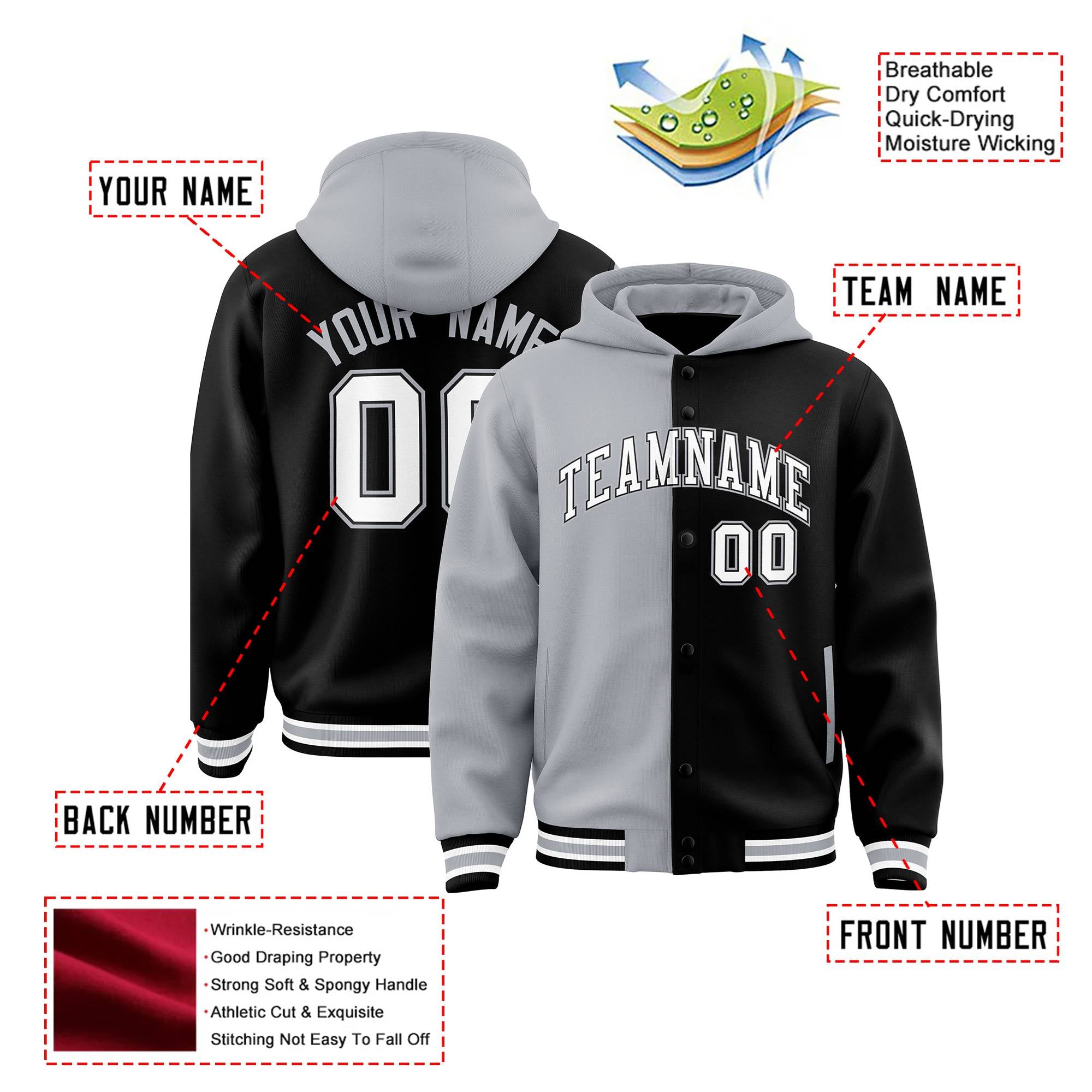 Custom Gray Black Split Fashion Varsity Full-Snap Letterman Two Tone Hoodie Jacket