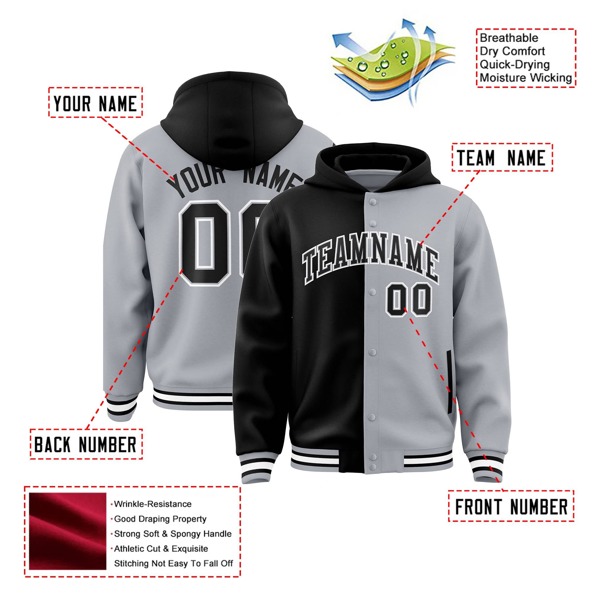 Custom Black Gray Split Fashion Varsity Full-Snap Letterman Two Tone Hoodie Jacket