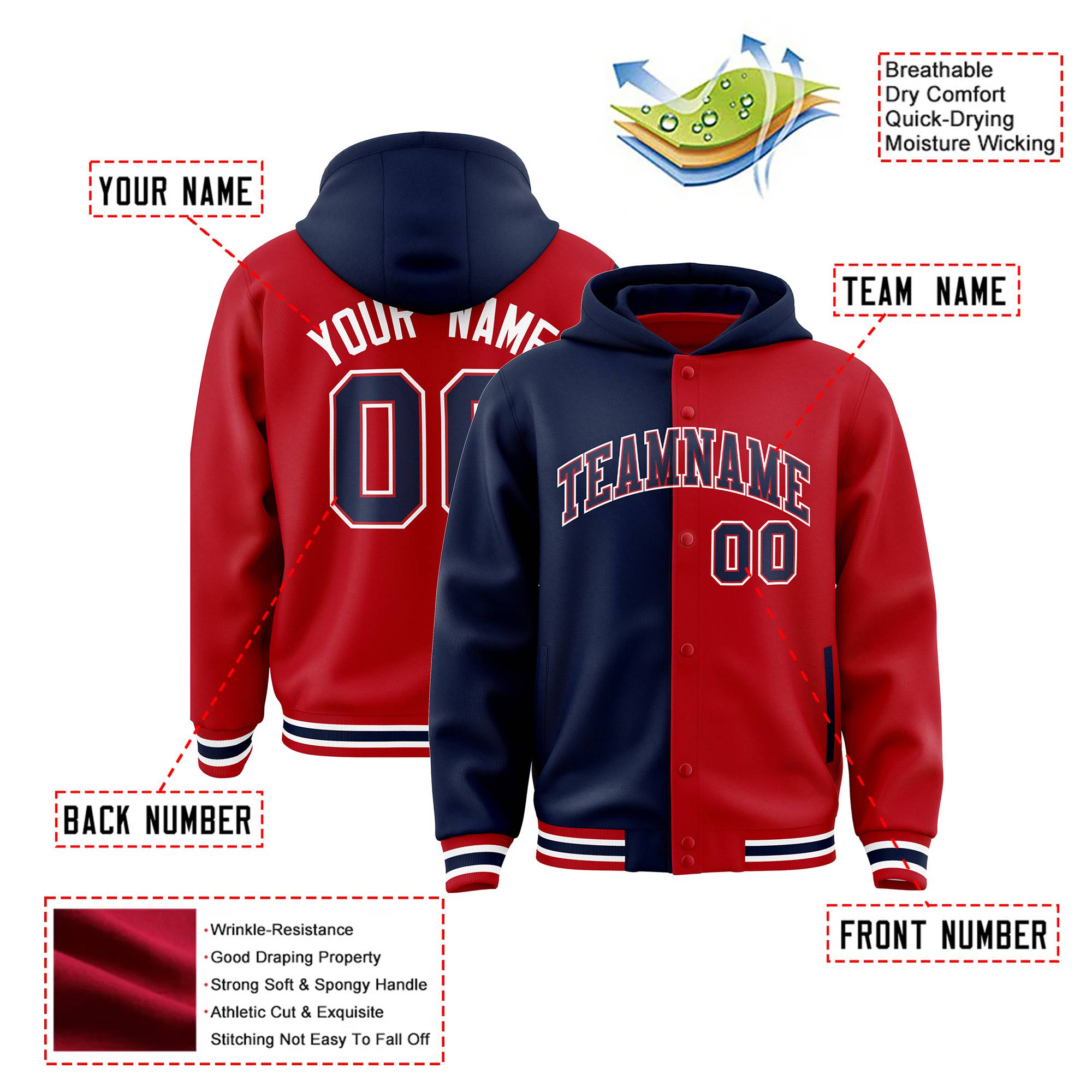 Custom Navy Red Split Fashion Varsity Full-Snap Letterman Two Tone Hoodie Jacket