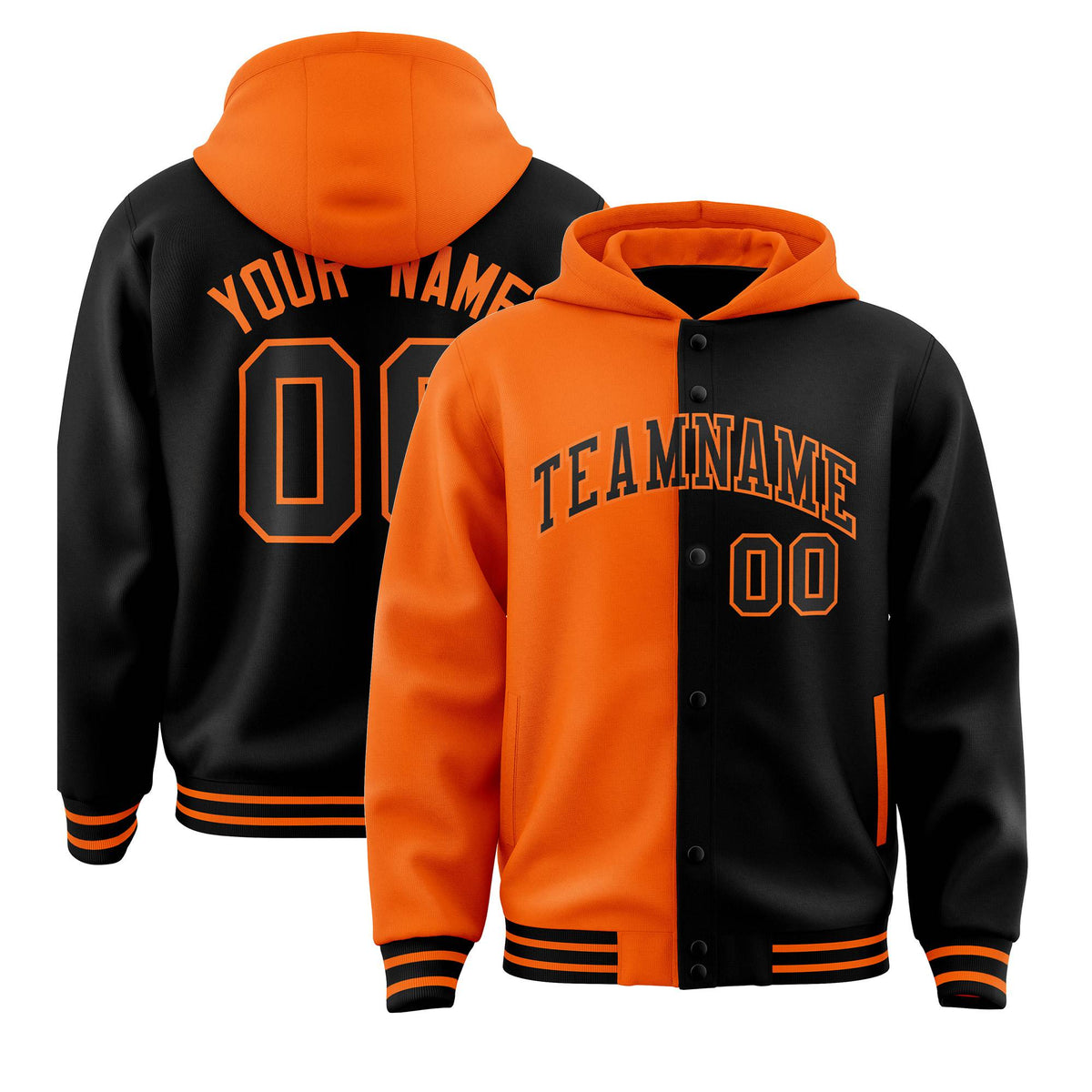 Custom Orange Black Split Fashion Varsity Full-Snap Letterman Two Tone Hoodie Jacket