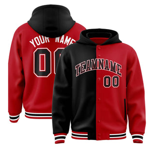 Custom Black Red Split Fashion Varsity Full-Snap Letterman Two Tone Hoodie Jacket - Style 1