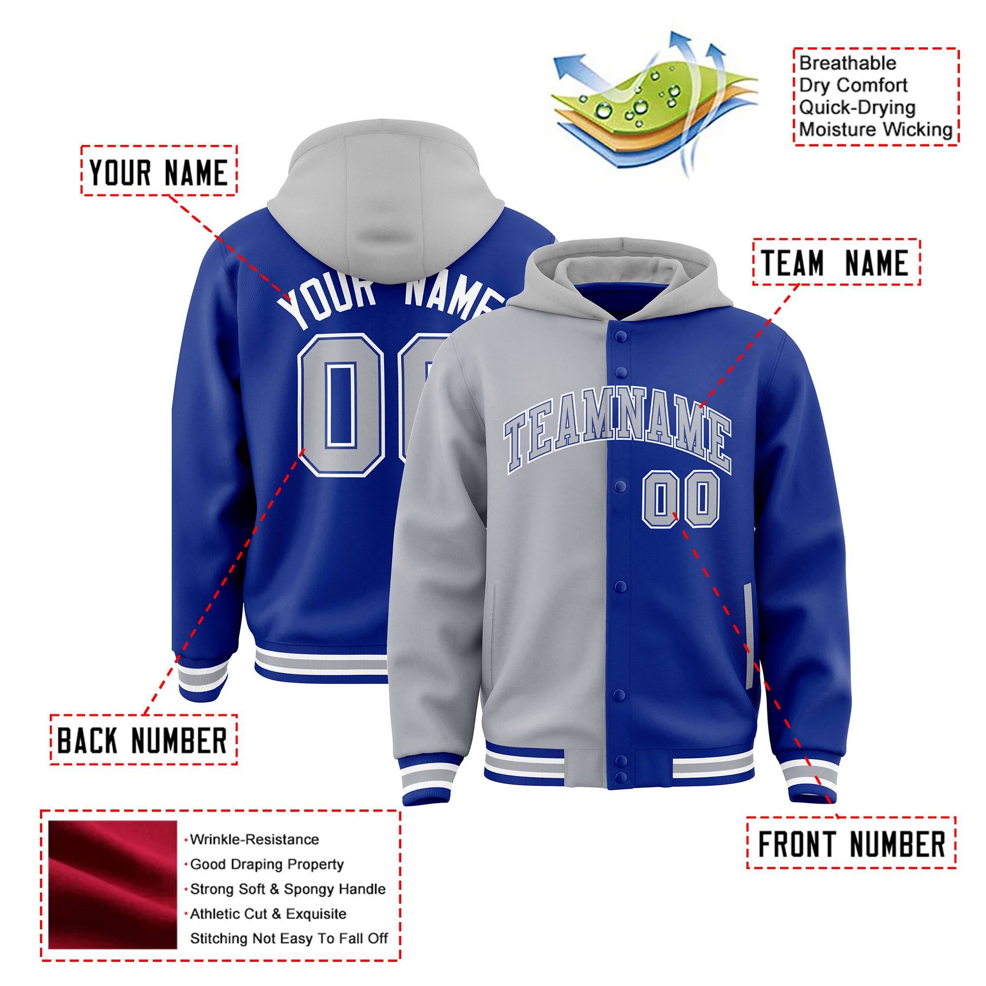 Custom Gray Royal Blue Split Fashion Varsity Full-Snap Letterman Two Tone Hoodie Jacket