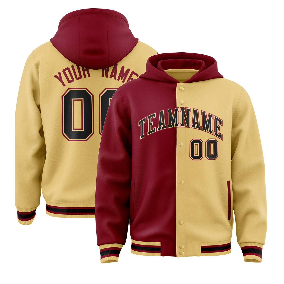 Custom Crimson Old Gold Split Fashion Varsity Full-Snap Letterman Two Tone Hoodie Jacket