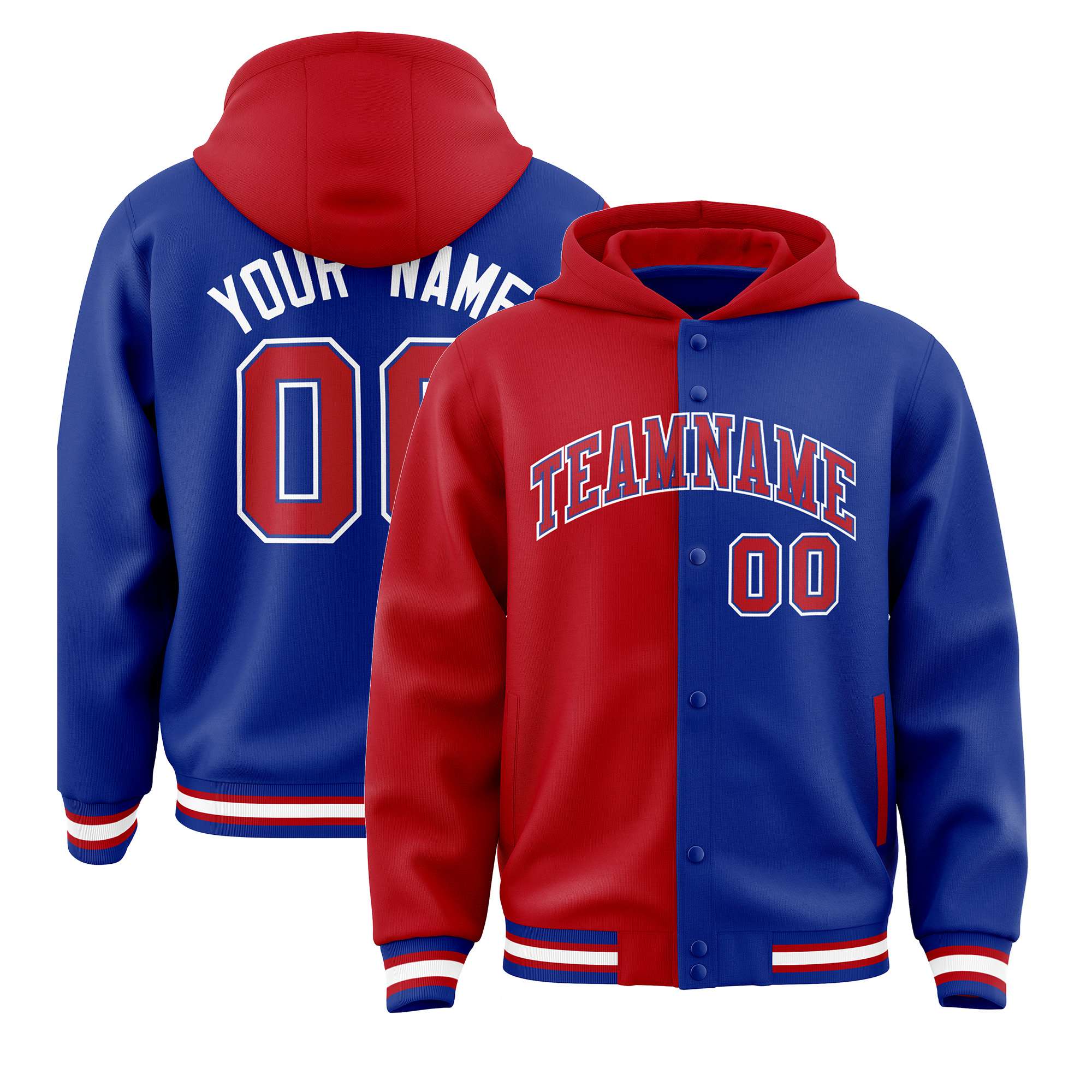 Custom Red Royal Blue Split Fashion Varsity Full-Snap Letterman Two Tone Hoodie Jacket