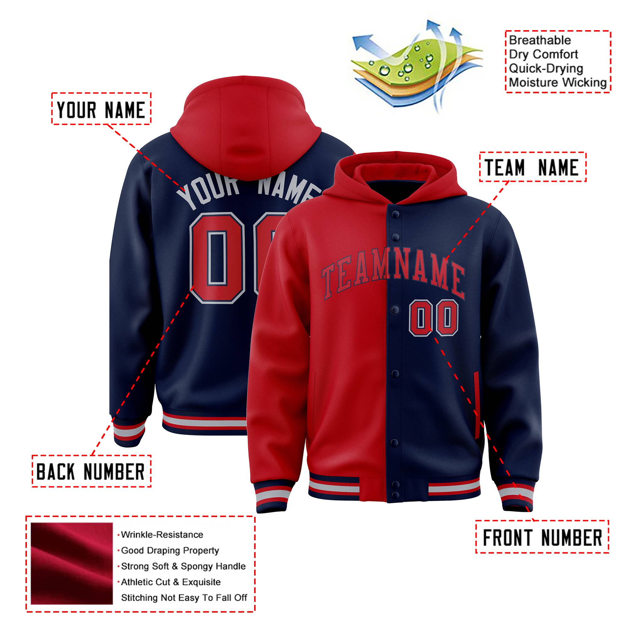 Custom Red Navy Split Fashion Varsity Full-Snap Letterman Two Tone Hoodie Jacket