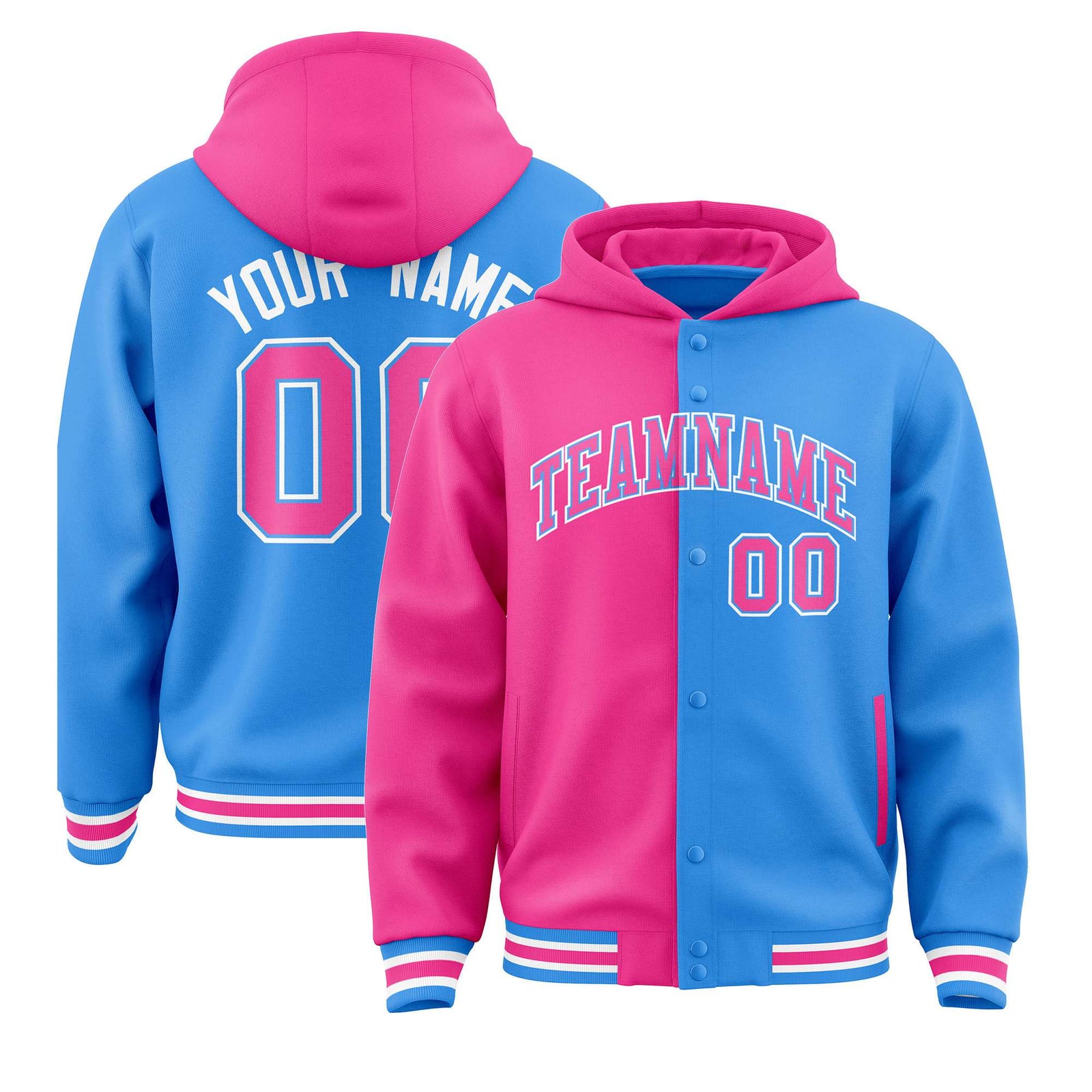 Custom Pink Powder Blue Split Fashion Varsity Full-Snap Letterman Two Tone Hoodie Jacket