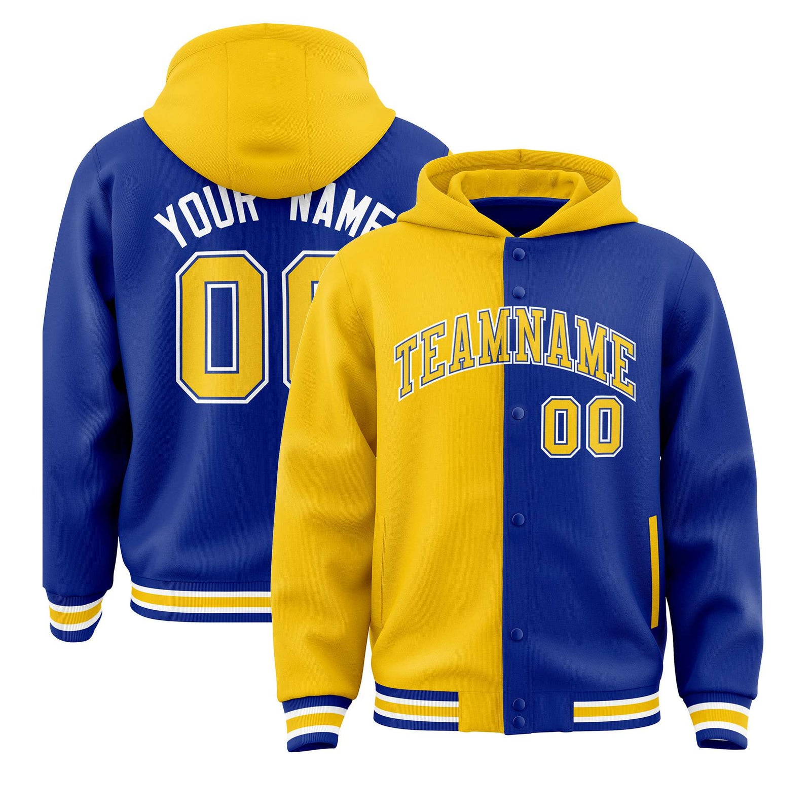 Custom Yellow Royal Blue Split Fashion Varsity Full-Snap Letterman Two Tone Hoodie Jacket