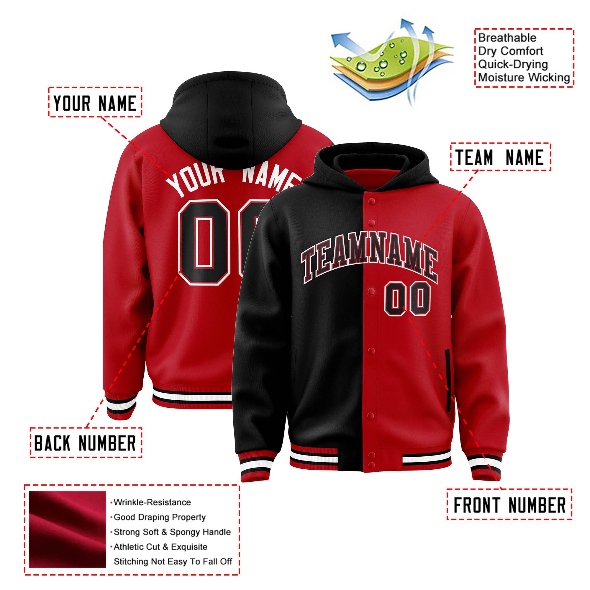 Custom Black Red Split Fashion Varsity Full-Snap Letterman Two Tone Hoodie Jacket