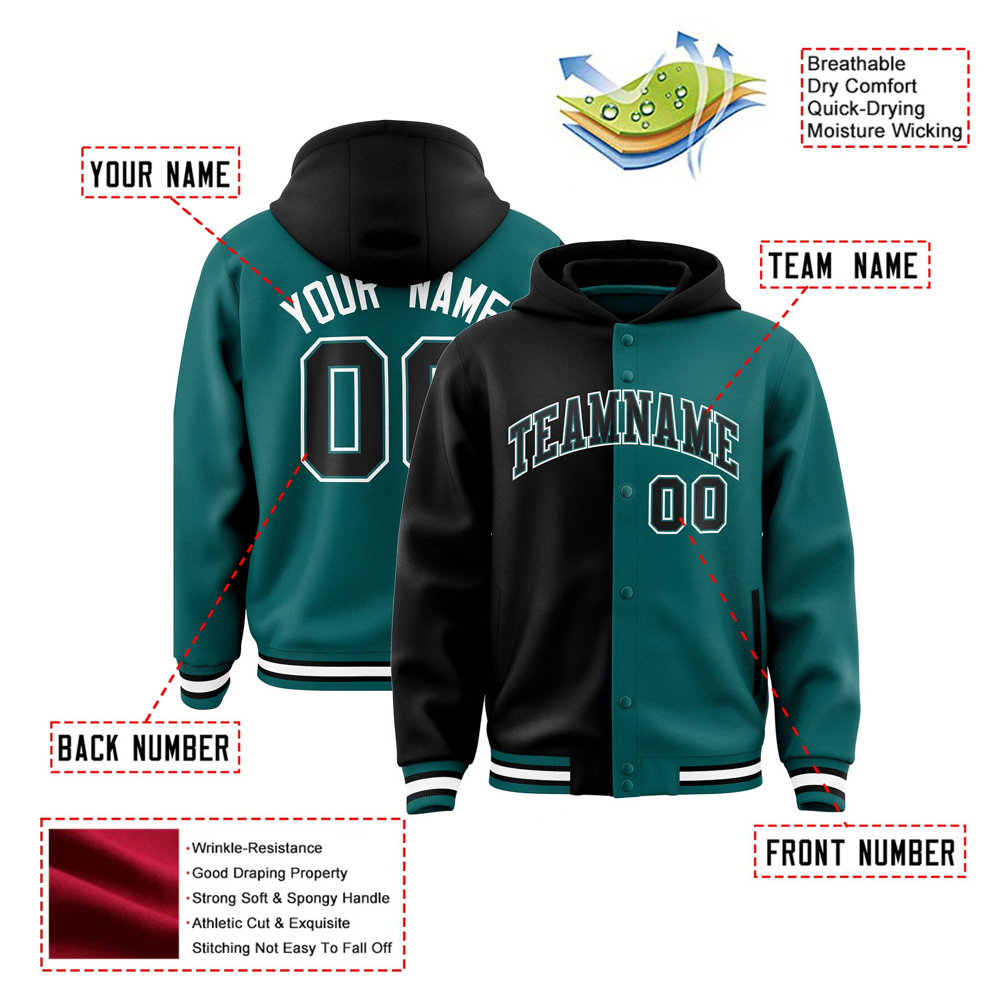 Custom Black Aqua Split Fashion Varsity Full-Snap Letterman Two Tone Hoodie Jacket