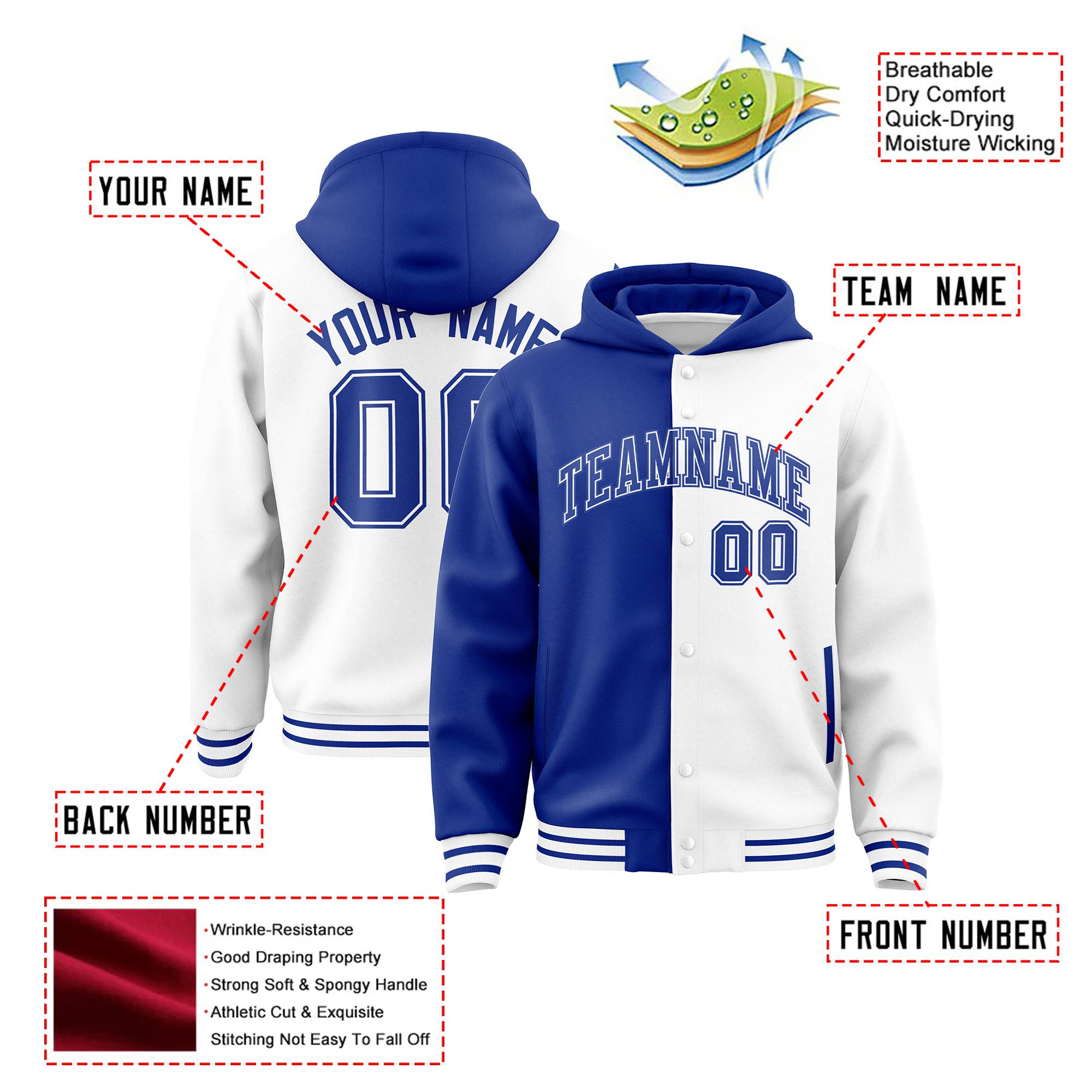 Custom Royal Blue White Split Fashion Varsity Full-Snap Letterman Two Tone Hoodie Jacket