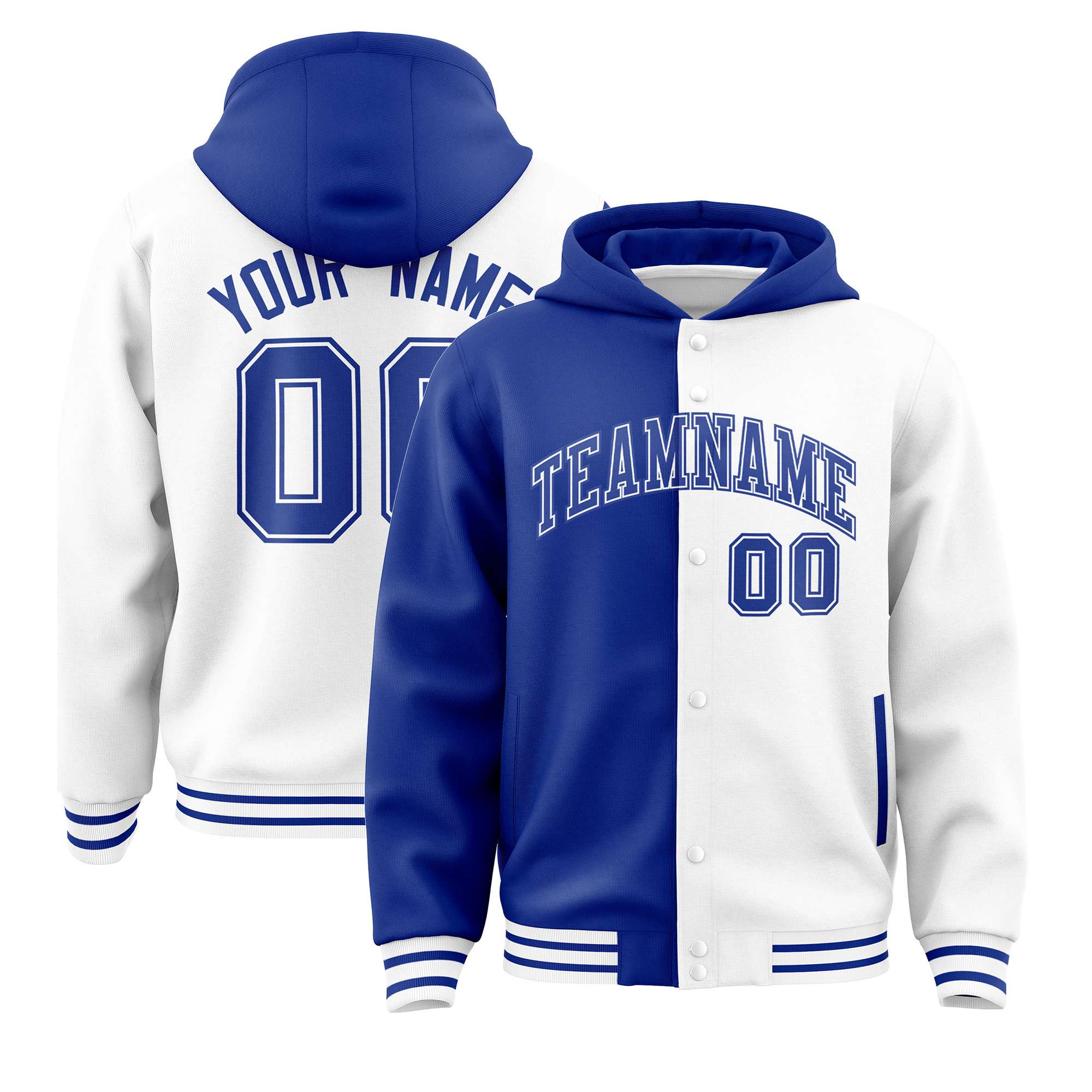 Custom Royal Blue White Split Fashion Varsity Full-Snap Letterman Two Tone Hoodie Jacket