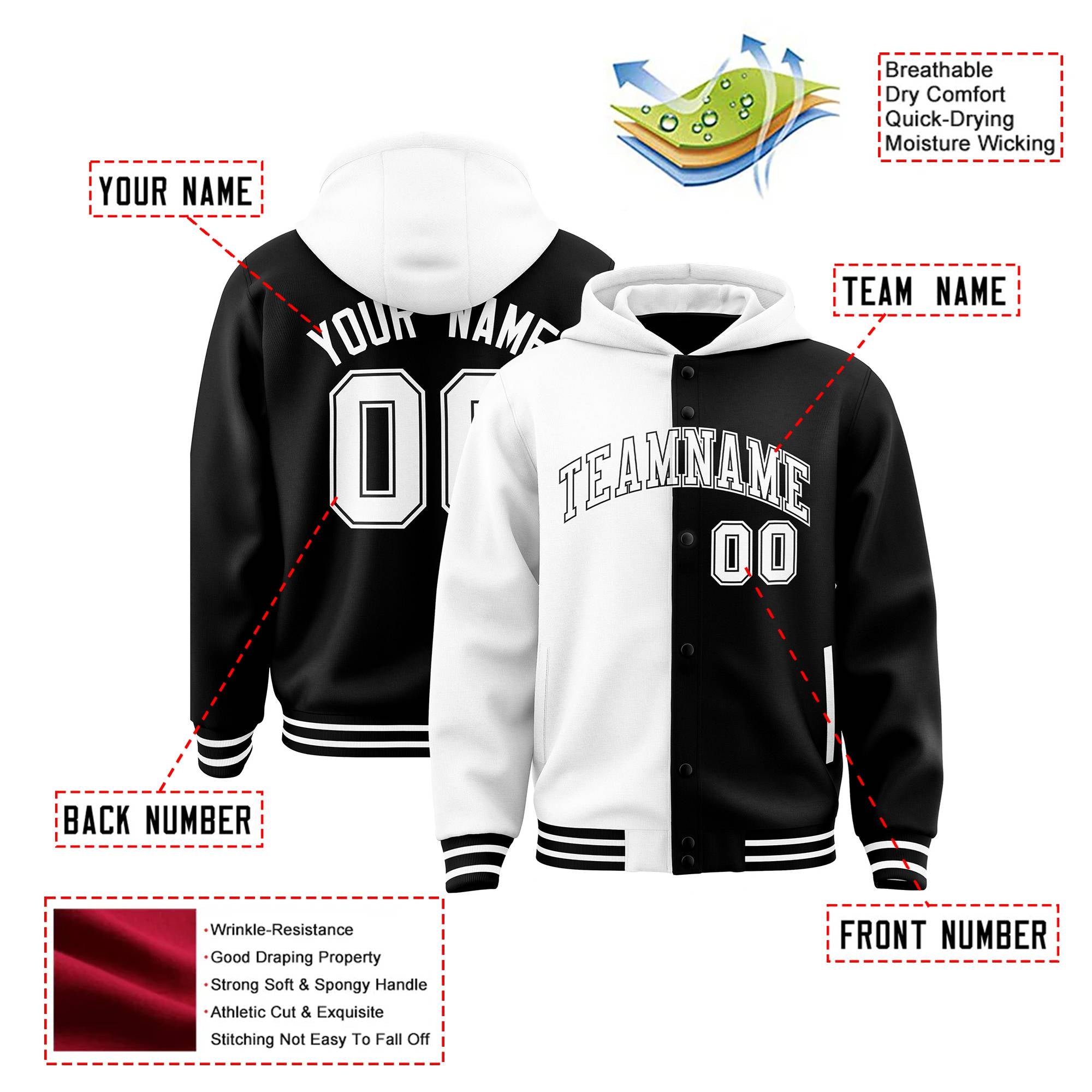 Custom White Black Split Fashion Varsity Full-Snap Letterman Two Tone Hoodie Jacket