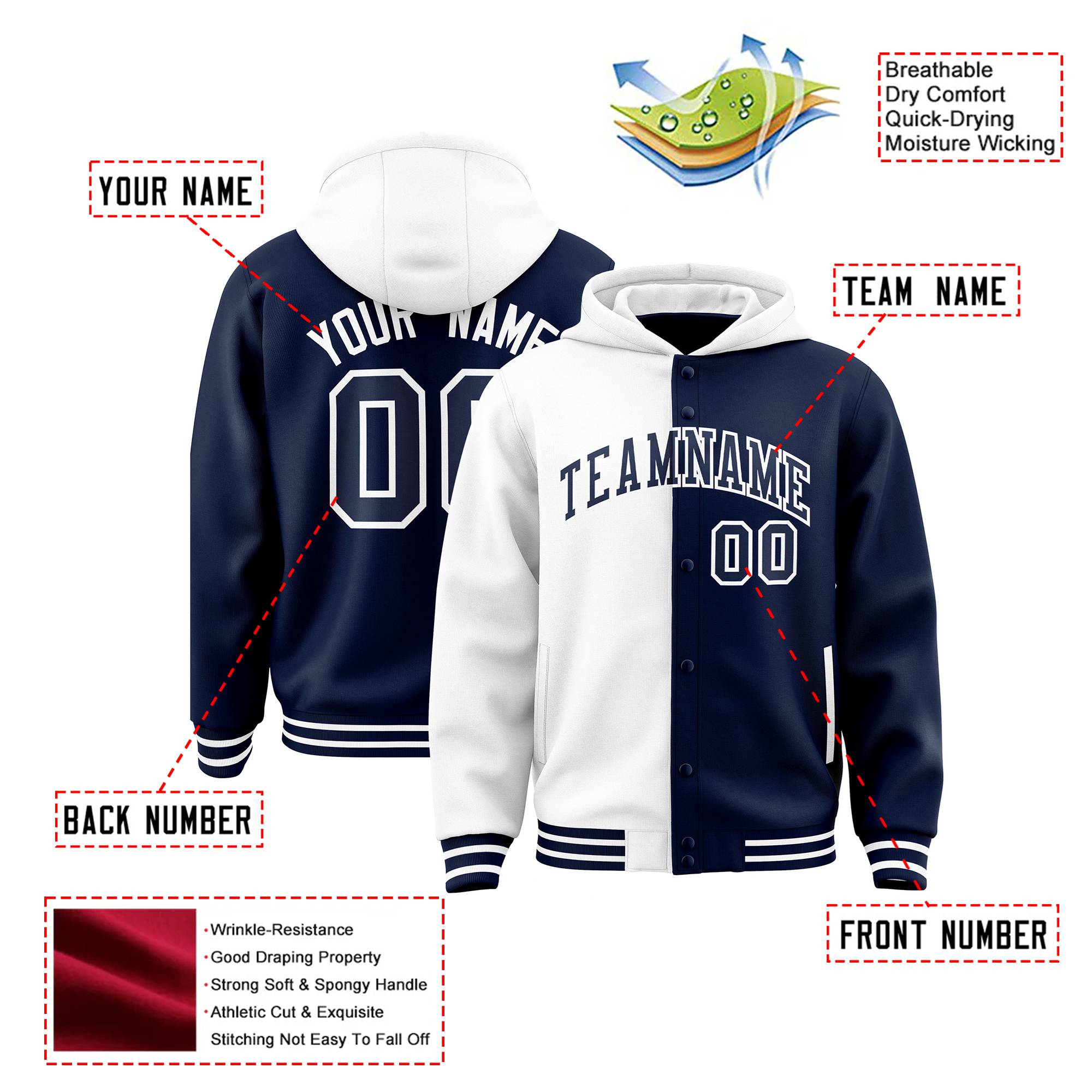 Custom White Navy Split Fashion Varsity Full-Snap Letterman Two Tone Hoodie Jacket