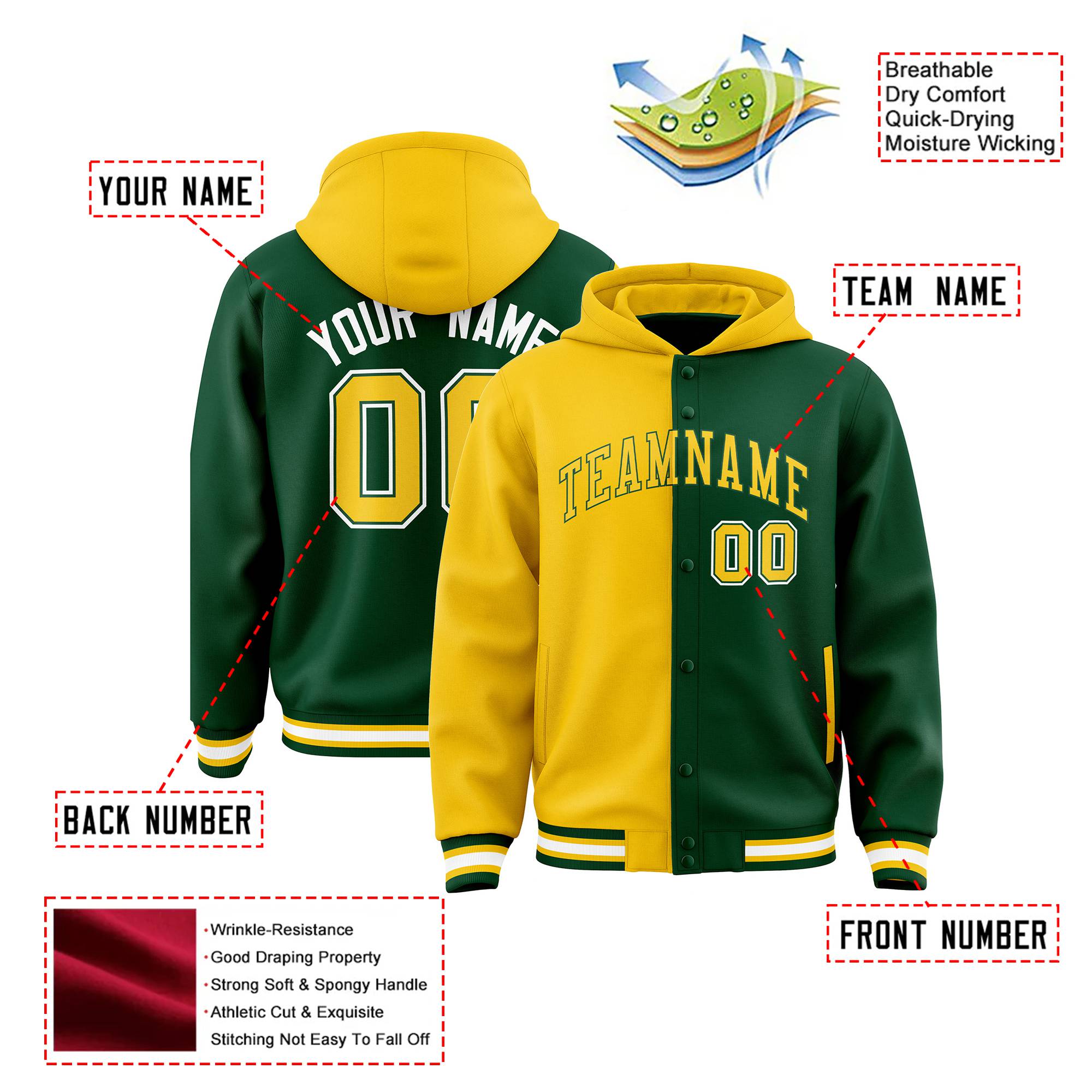 Custom Yellow Green Split Fashion Varsity Full-Snap Letterman Two Tone Hoodie Jacket