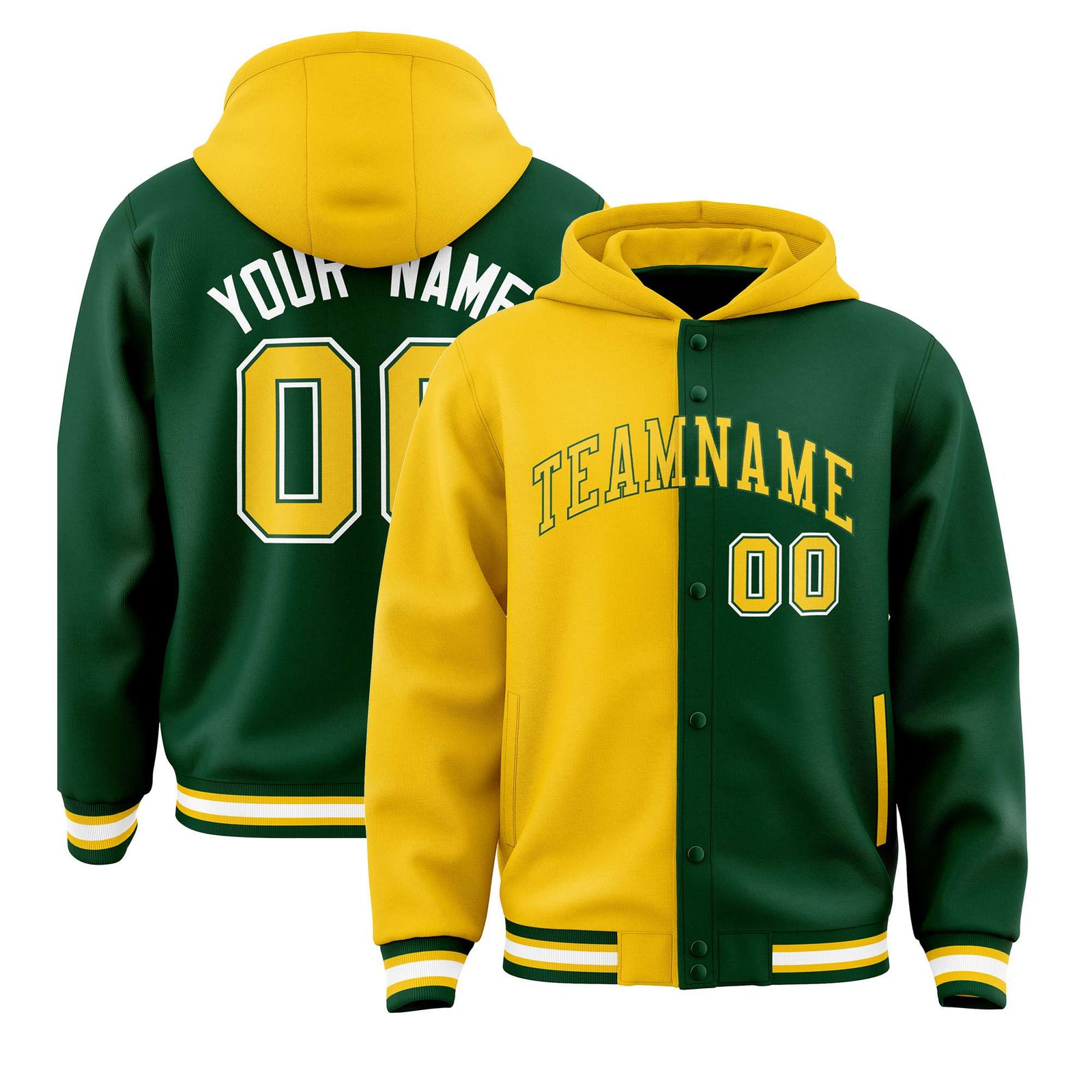 Custom Yellow Green Split Fashion Varsity Full-Snap Letterman Two Tone Hoodie Jacket