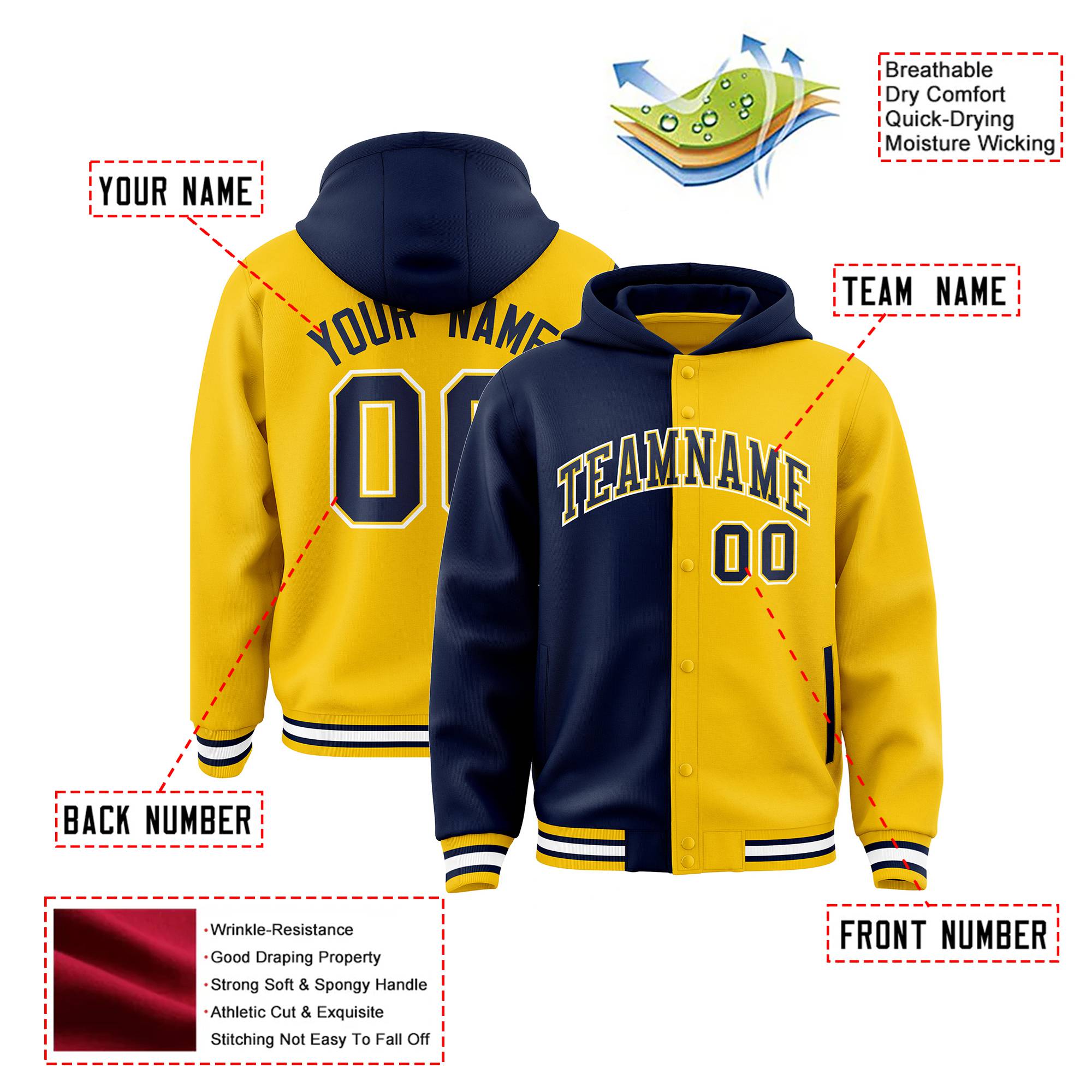 Custom Navy Yellow Split Fashion Varsity Full-Snap Letterman Two Tone Hoodie Jacket