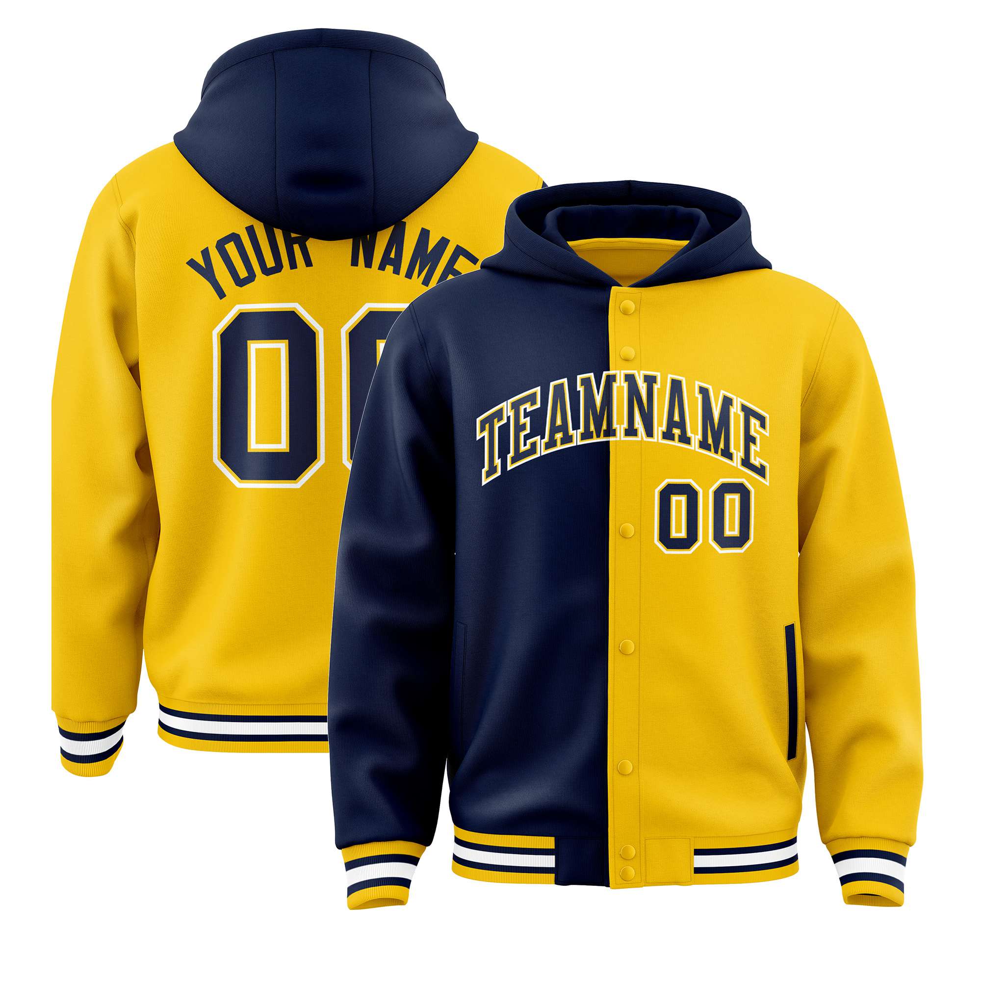 Custom Navy Yellow Split Fashion Varsity Full-Snap Letterman Two Tone Hoodie Jacket