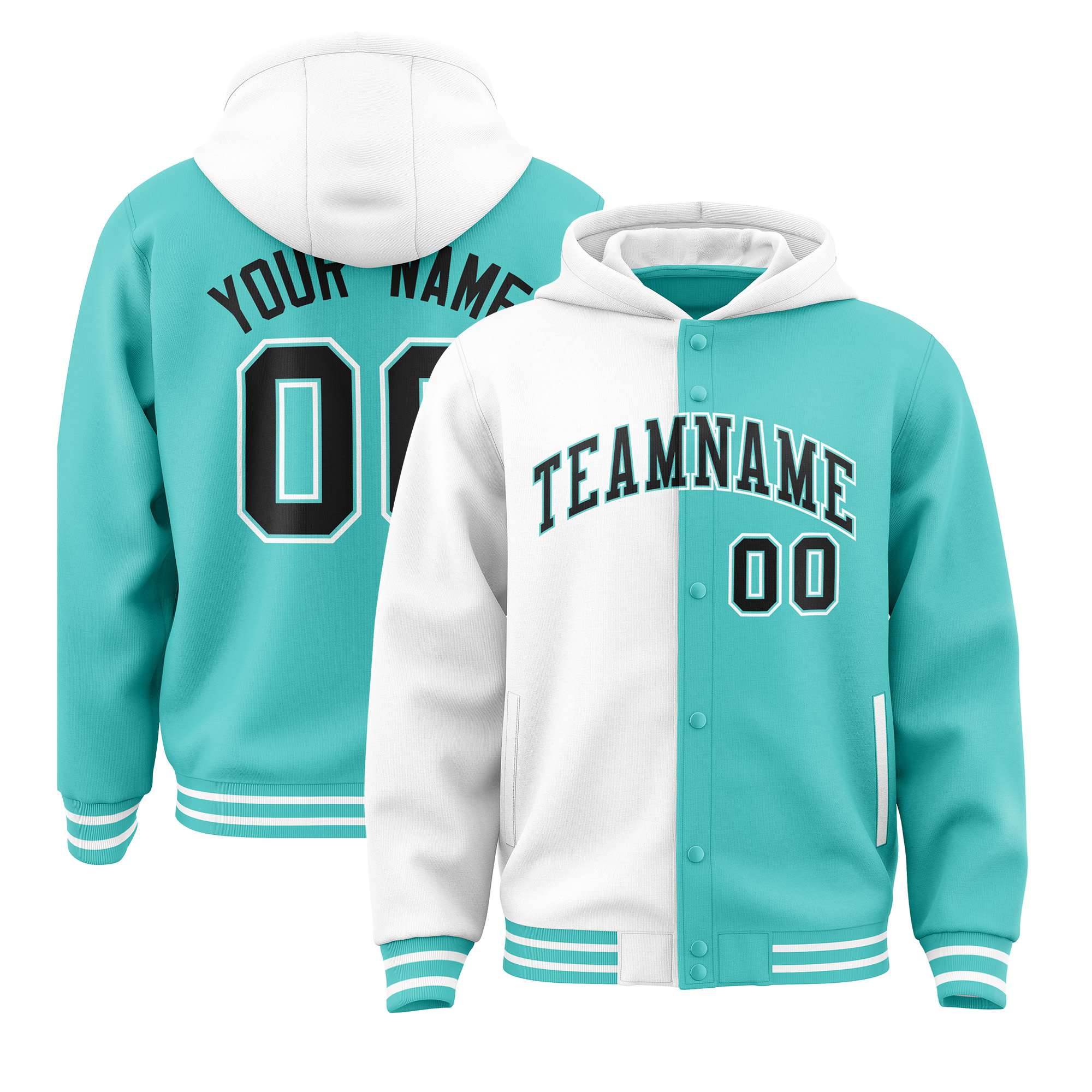 Custom White Aqua Split Fashion Varsity Full-Snap Letterman Two Tone Hoodie Jacket