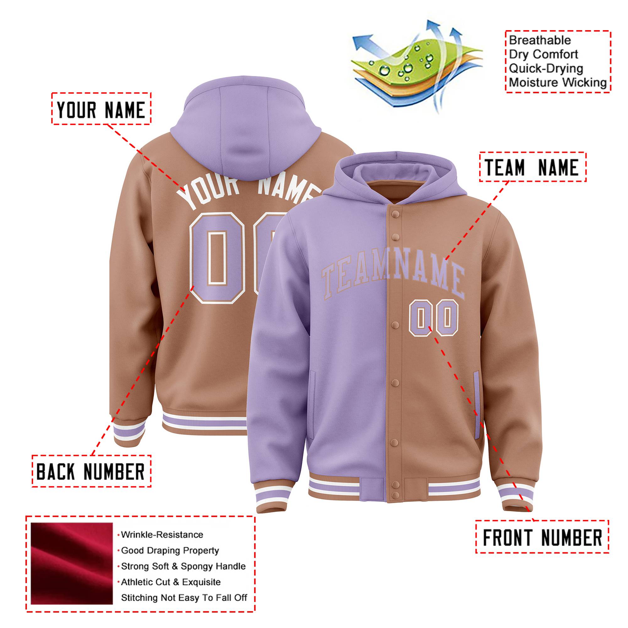 Custom Light Purple Light Brown Split Fashion Varsity Full-Snap Letterman Two Tone Hoodie Jacket