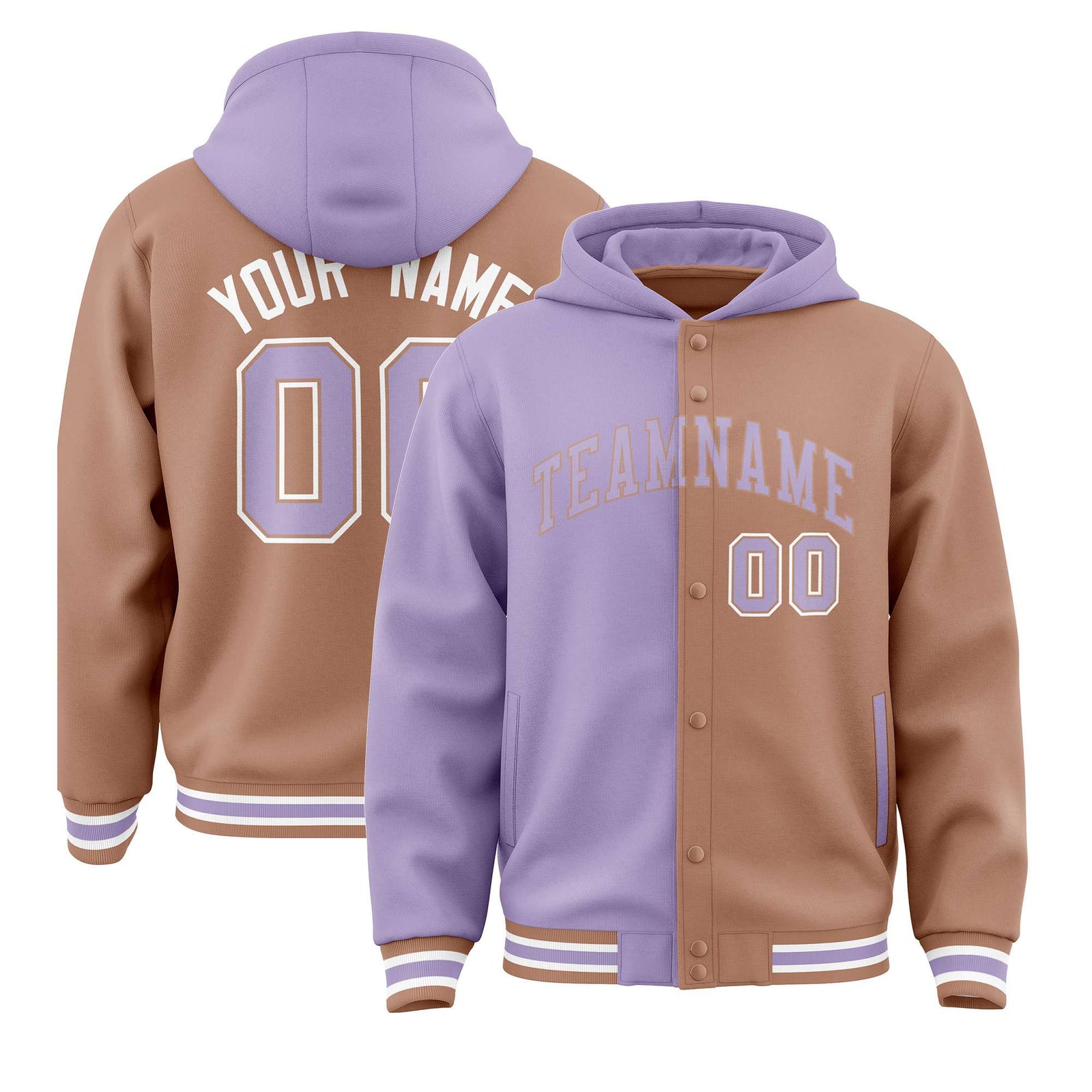 Custom Light Purple Light Brown Split Fashion Varsity Full-Snap Letterman Two Tone Hoodie Jacket